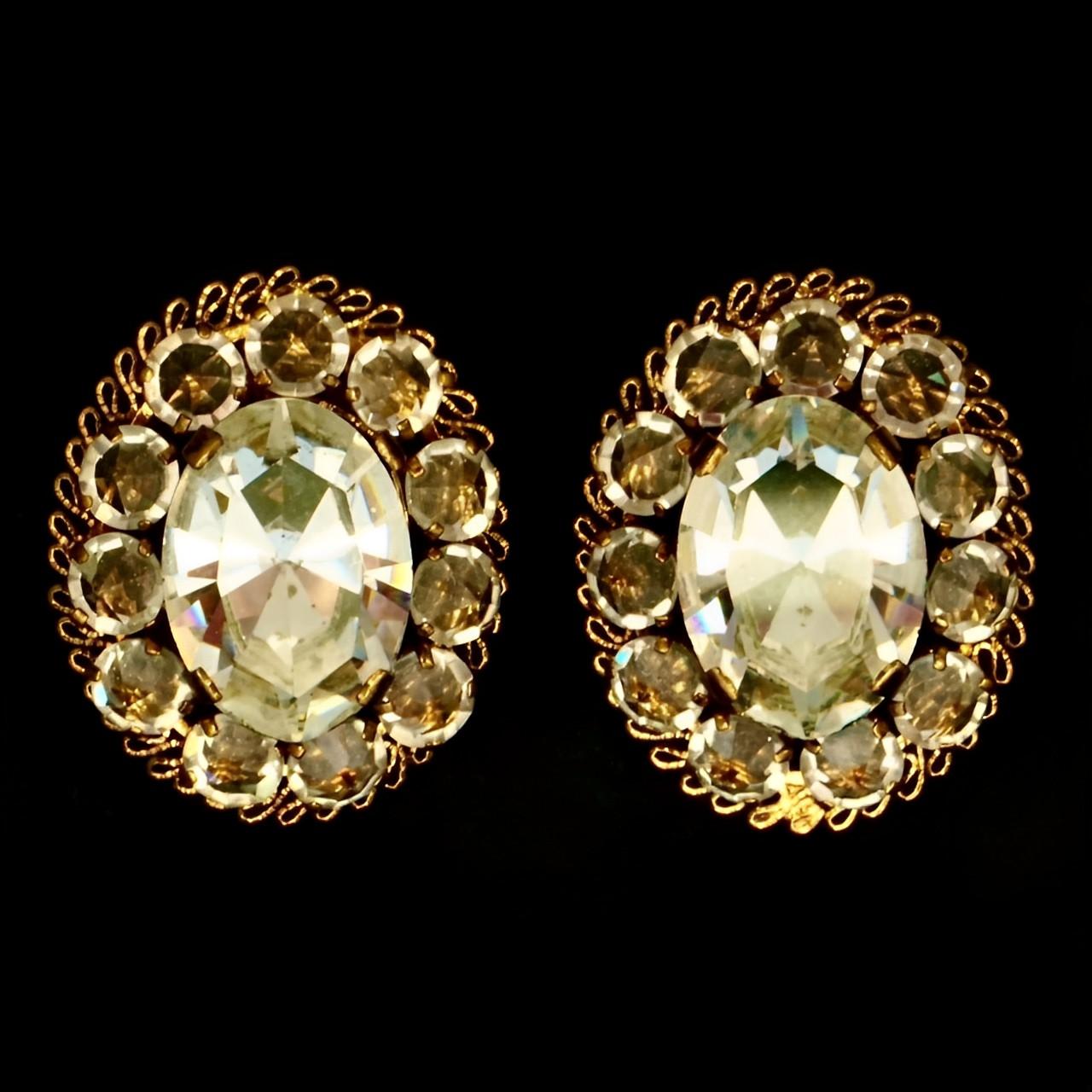Austrian Crystal Gold Plated Oval Clip On Earrings circa 1960s For Sale 1