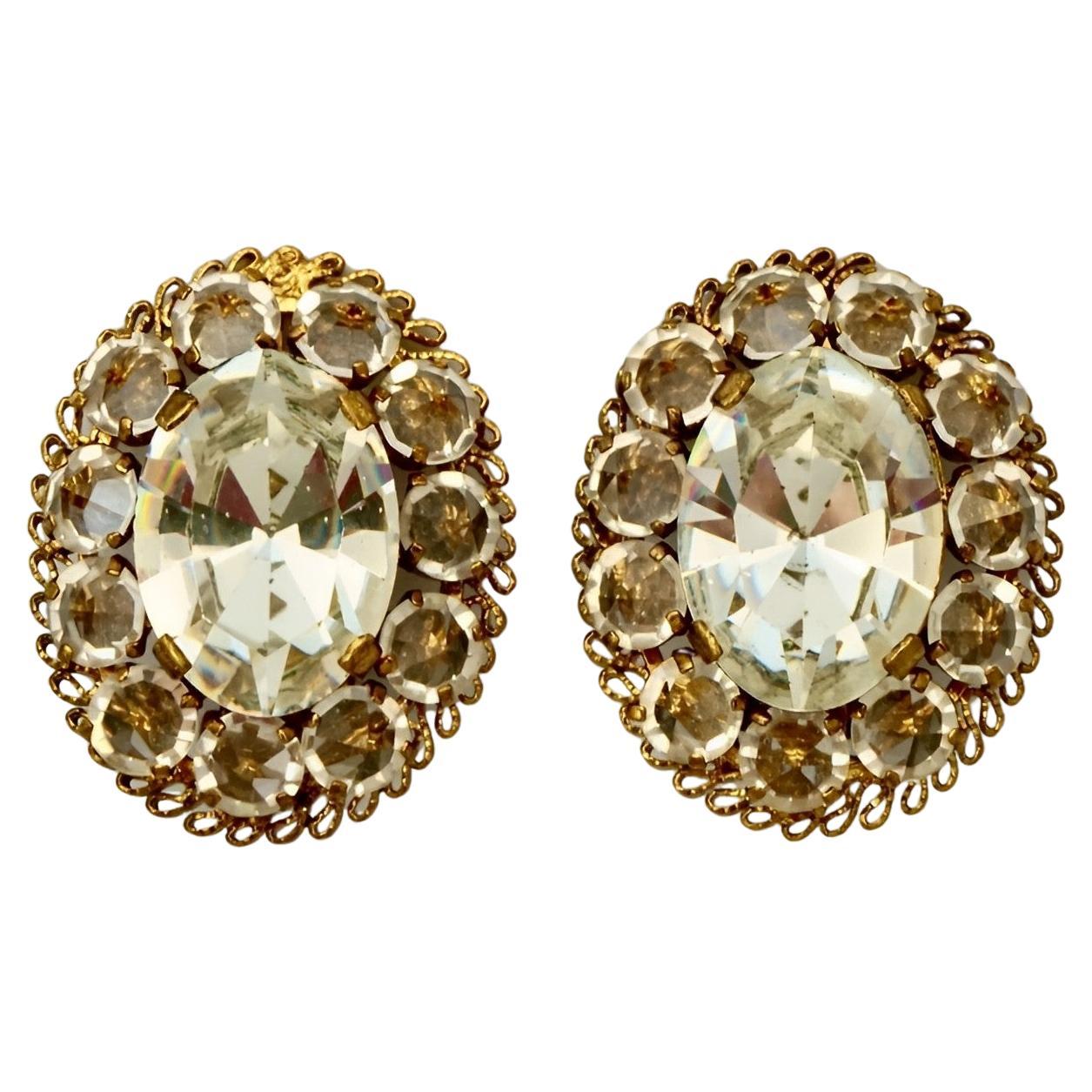 Austrian Crystal Gold Plated Oval Clip On Earrings circa 1960s For Sale