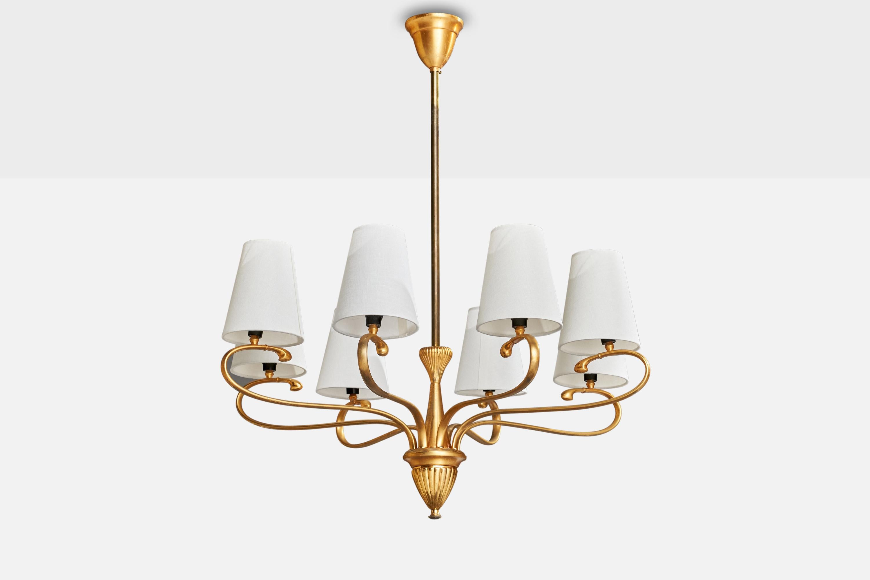 A gilt brass and white fabric chandelier designed and produced in Austria, c. 1950s.

Dimensions of canopy (inches): 3.75” H x 3.5” Diameter
Socket takes standard E-12 bulbs. 8 sockets.There is no maximum wattage stated on the fixture. All lighting