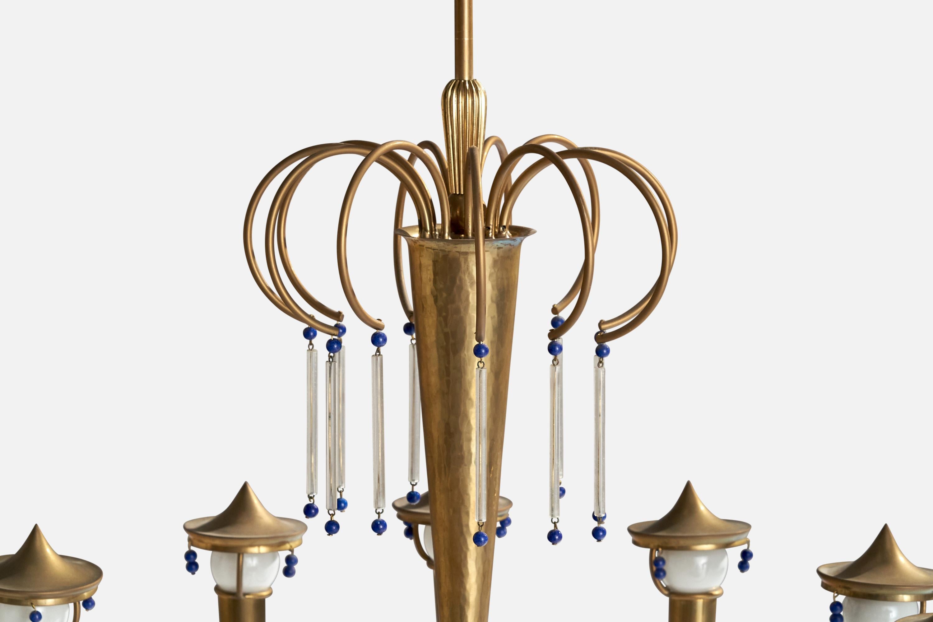 Designer autrichien, lustre, laiton, verre, Autriche, années 1930 en vente 4