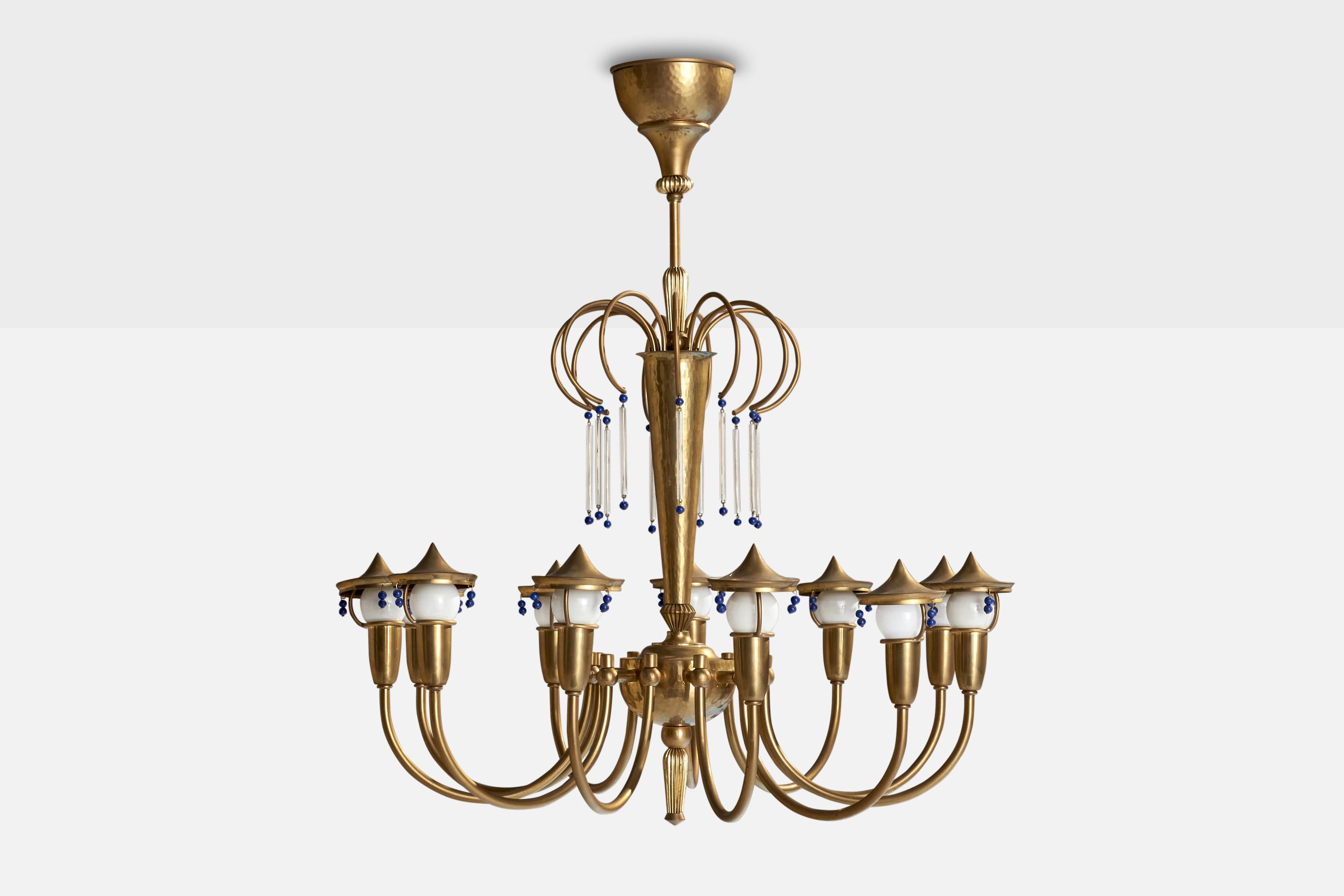 Art déco Designer autrichien, lustre, laiton, verre, Autriche, années 1930 en vente