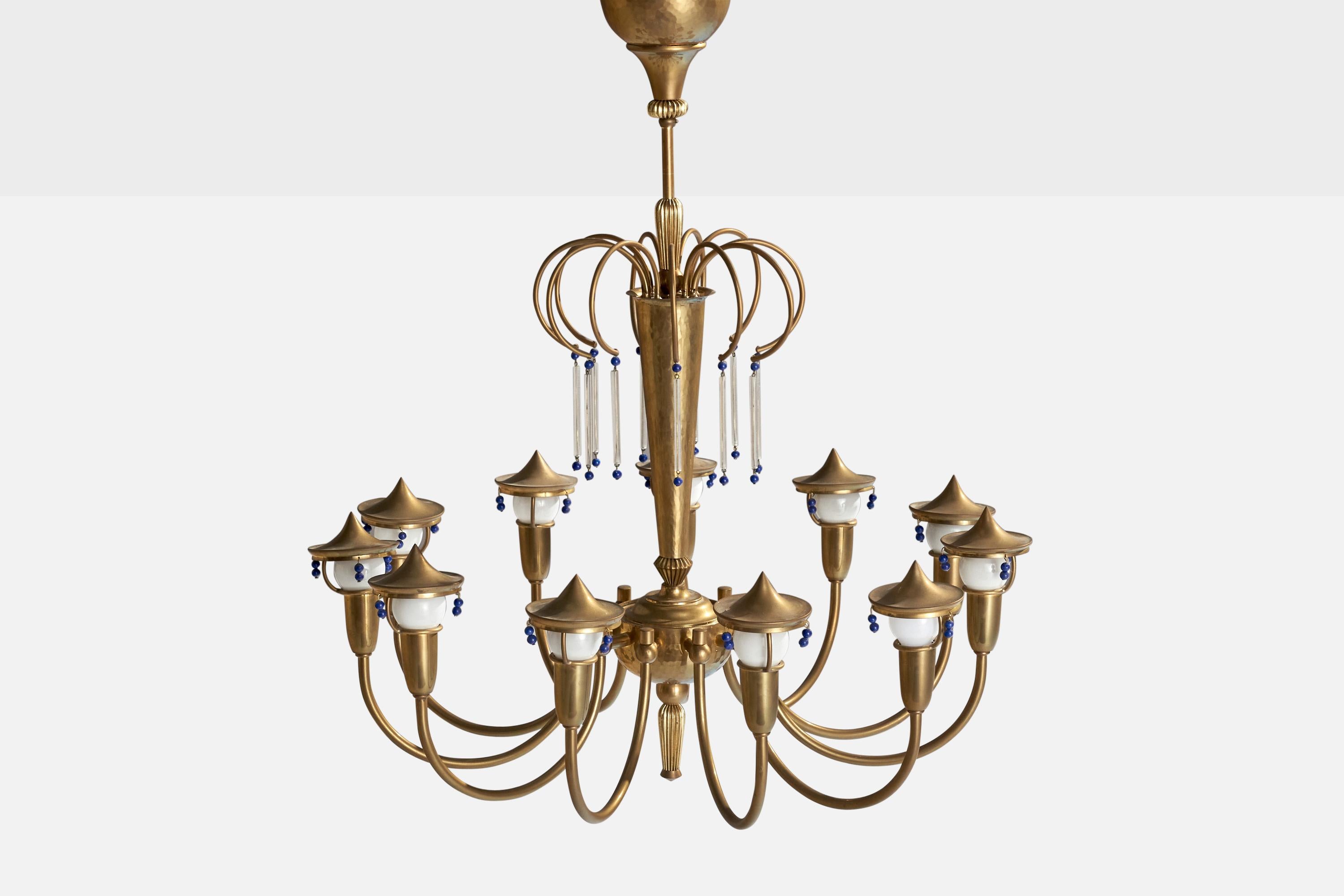 Autrichien Designer autrichien, lustre, laiton, verre, Autriche, années 1930 en vente