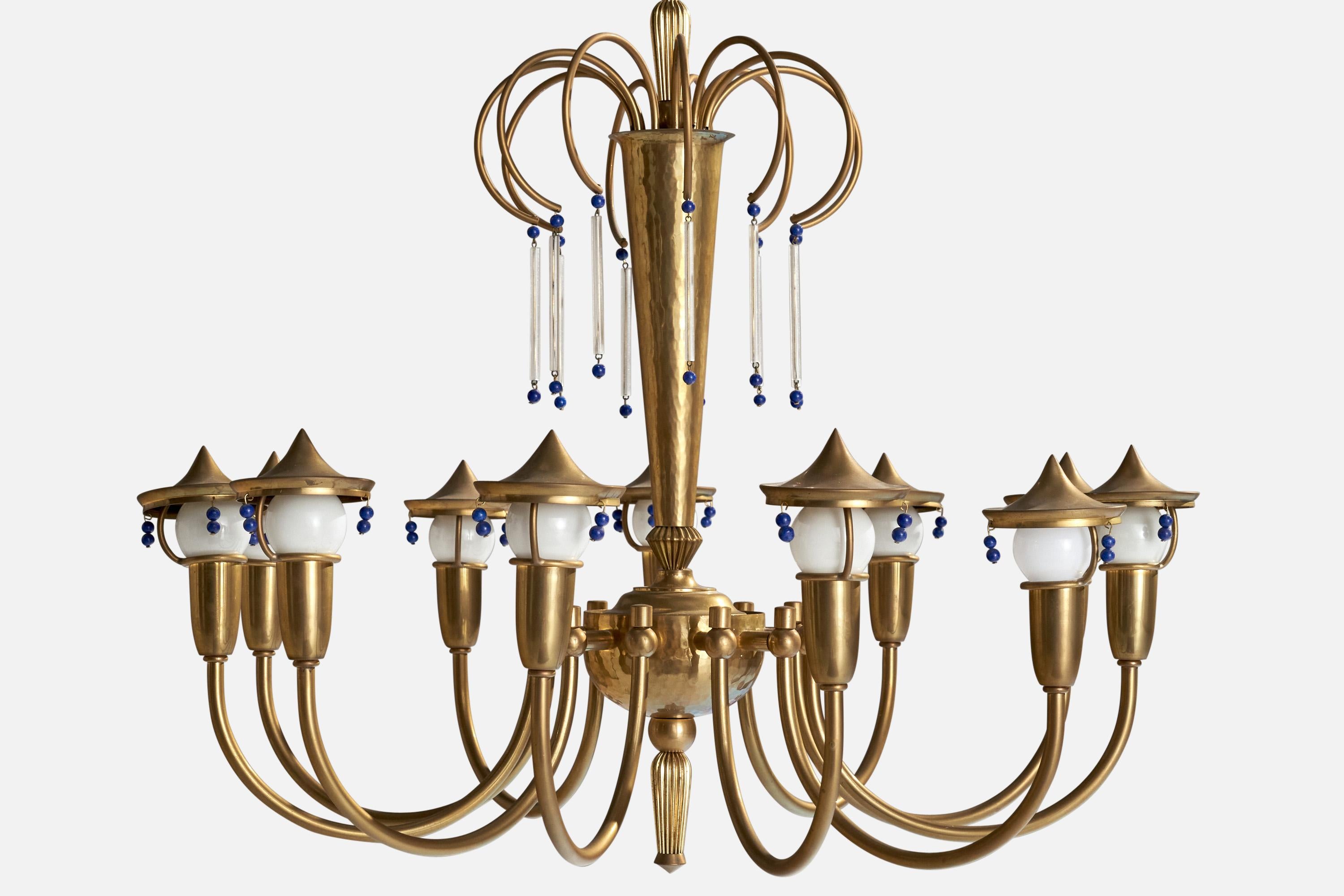 Designer autrichien, lustre, laiton, verre, Autriche, années 1930 Bon état - En vente à High Point, NC