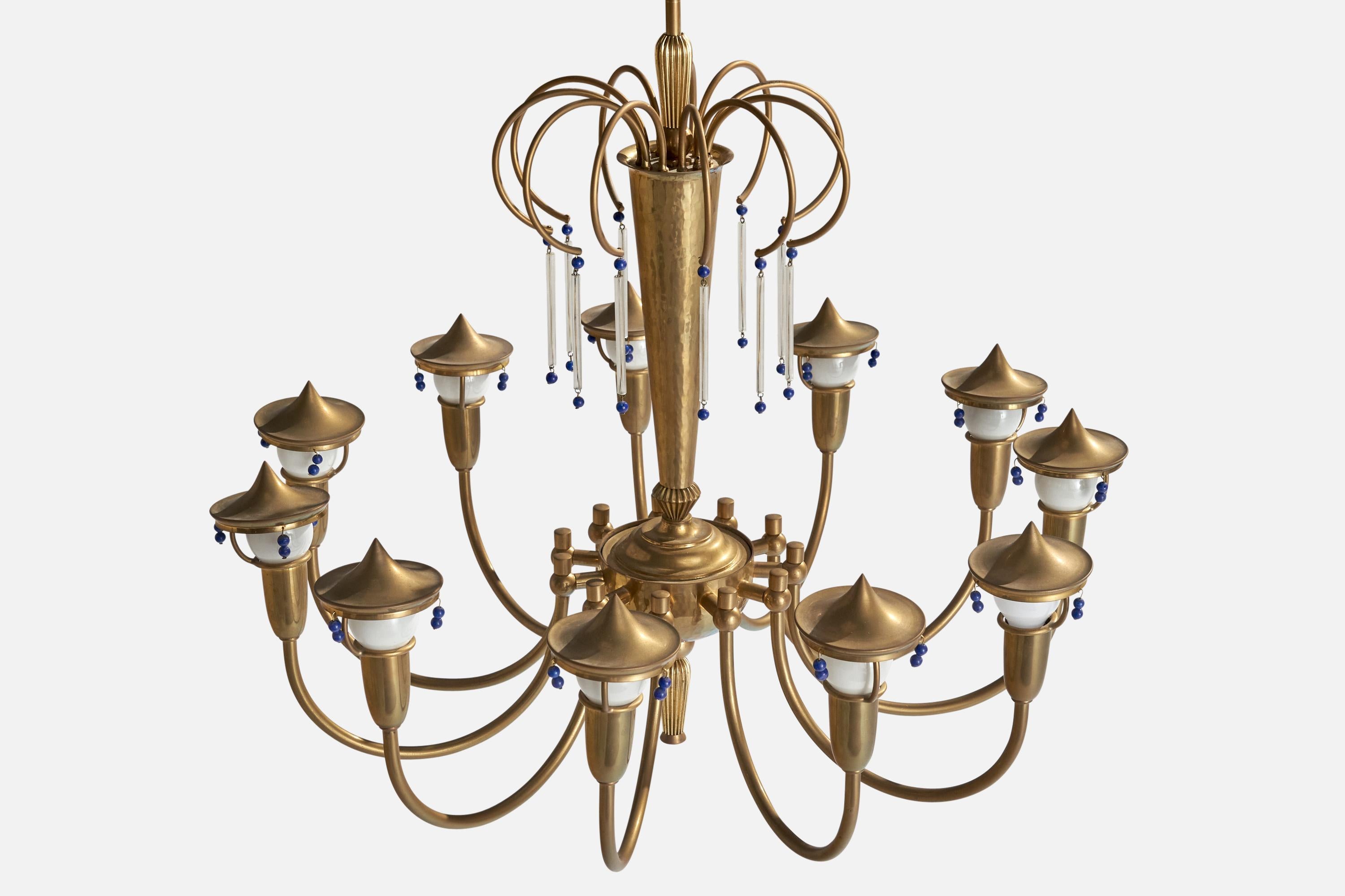 Milieu du XXe siècle Designer autrichien, lustre, laiton, verre, Autriche, années 1930 en vente