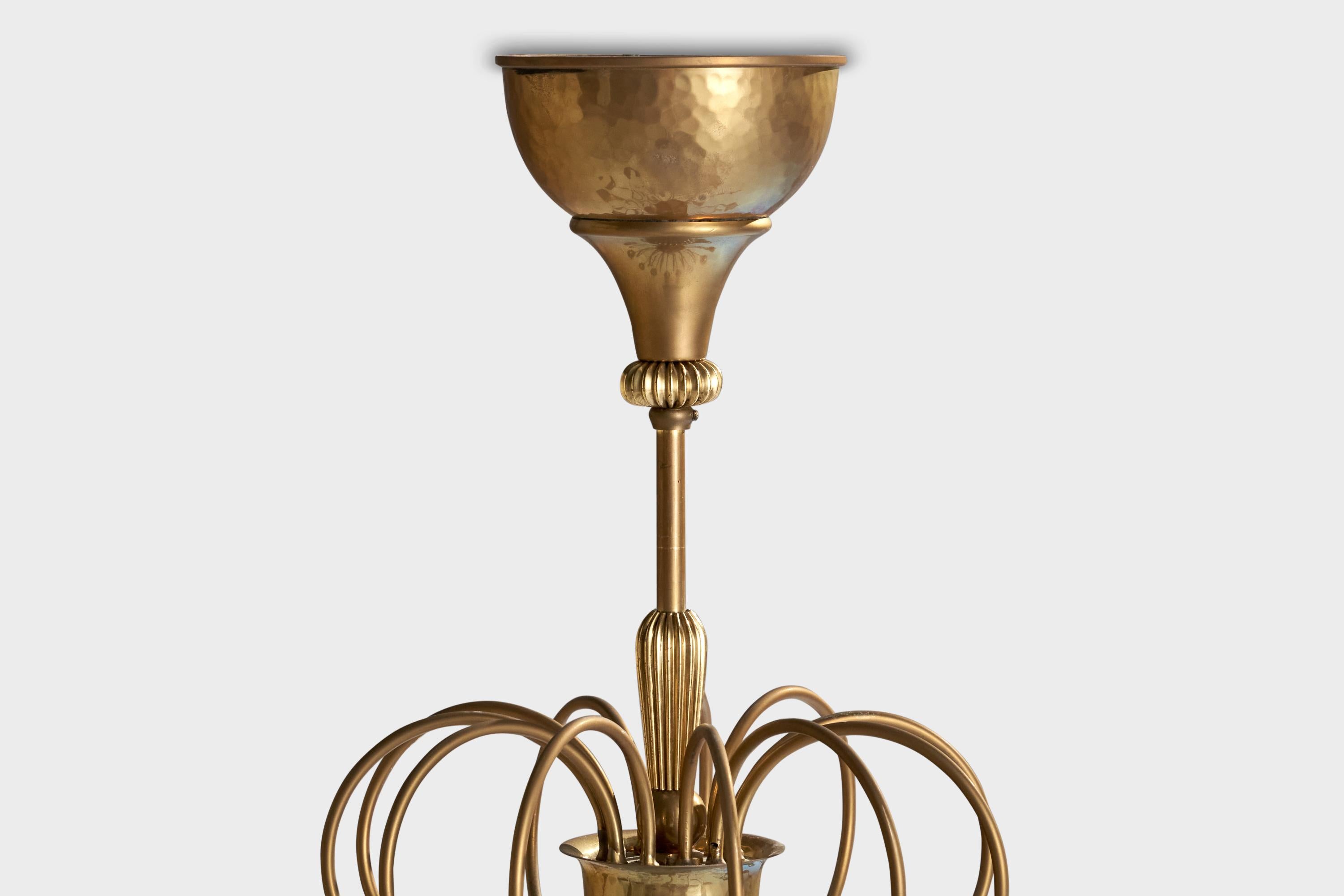 Laiton Designer autrichien, lustre, laiton, verre, Autriche, années 1930 en vente