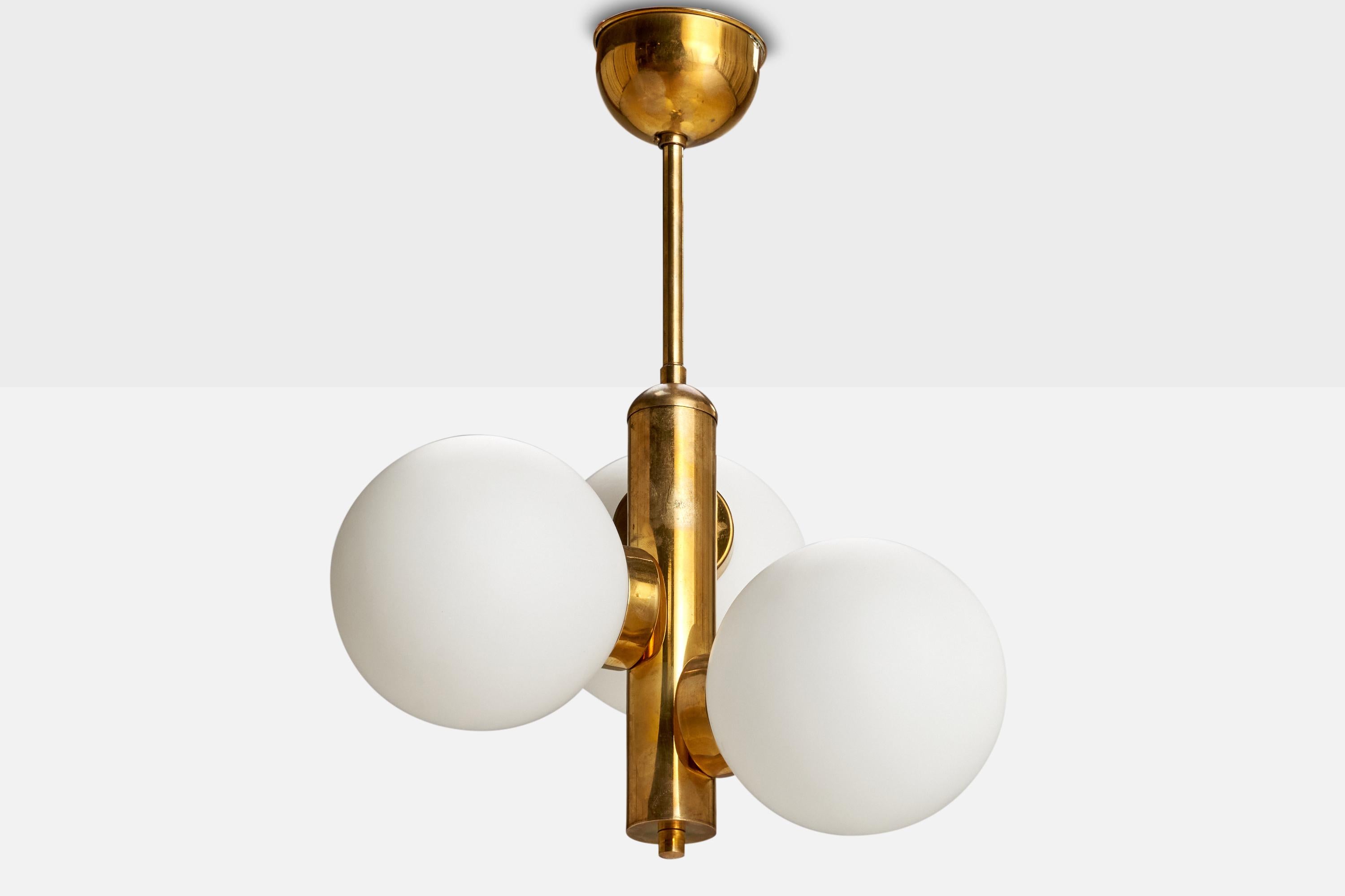 A brass and white opaline glass chandelier designed and produced in Austria, c. 1950s.

Overall Dimensions (inches): 16.5” H x  12” Diameter
Dimensions of Canopy:  2.25” H x 3.125” D
Stem length: 4.125”H
Bulb Specifications: E-14  Bulbs
Number of