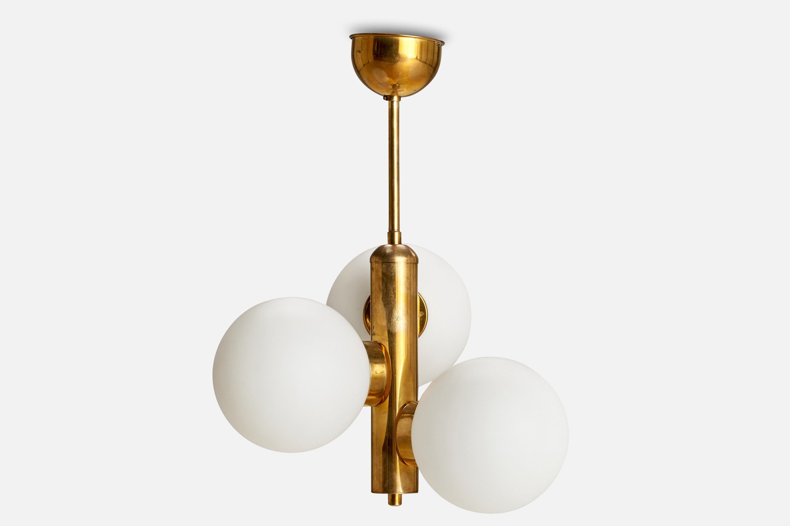 Mid-Century Modern Austrian Designer, Chandelier, Brass, Glass, Austria, 1950s For Sale