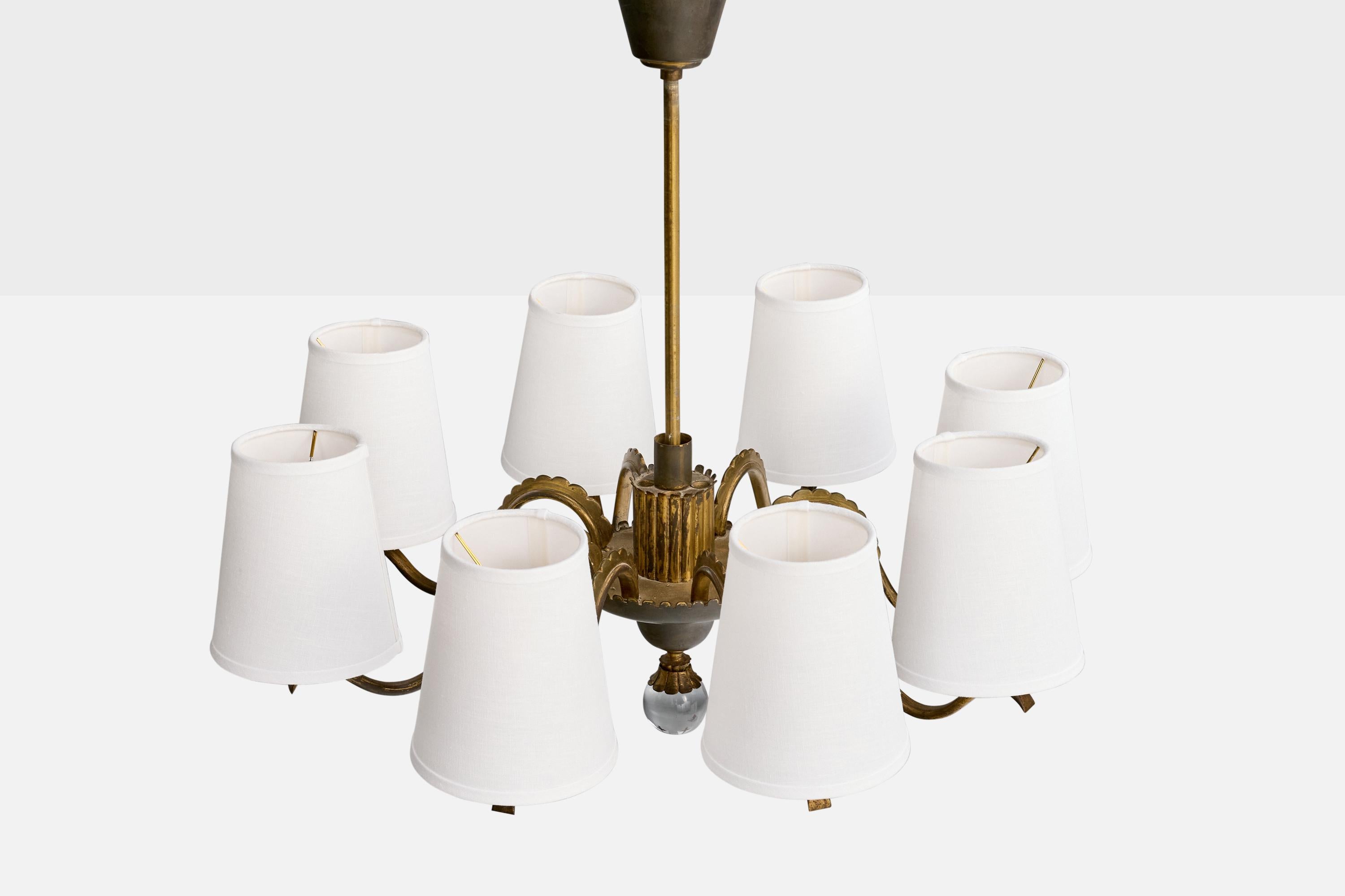 Österreichischer Designer, Kronleuchter, Messing, Glas, Stoff, Österreich, 1920er Jahre (Frühes 20. Jahrhundert) im Angebot