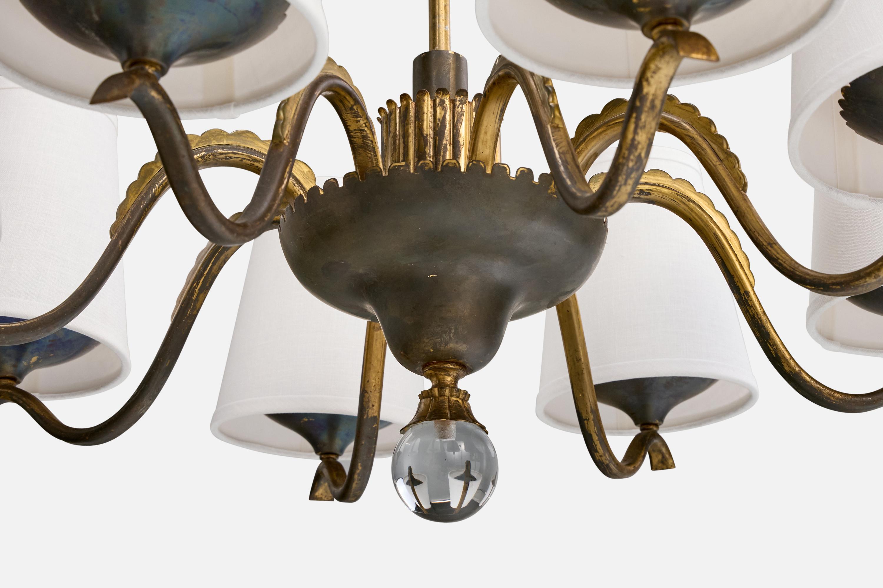 Österreichischer Designer, Kronleuchter, Messing, Glas, Stoff, Österreich, 1920er Jahre im Angebot 2
