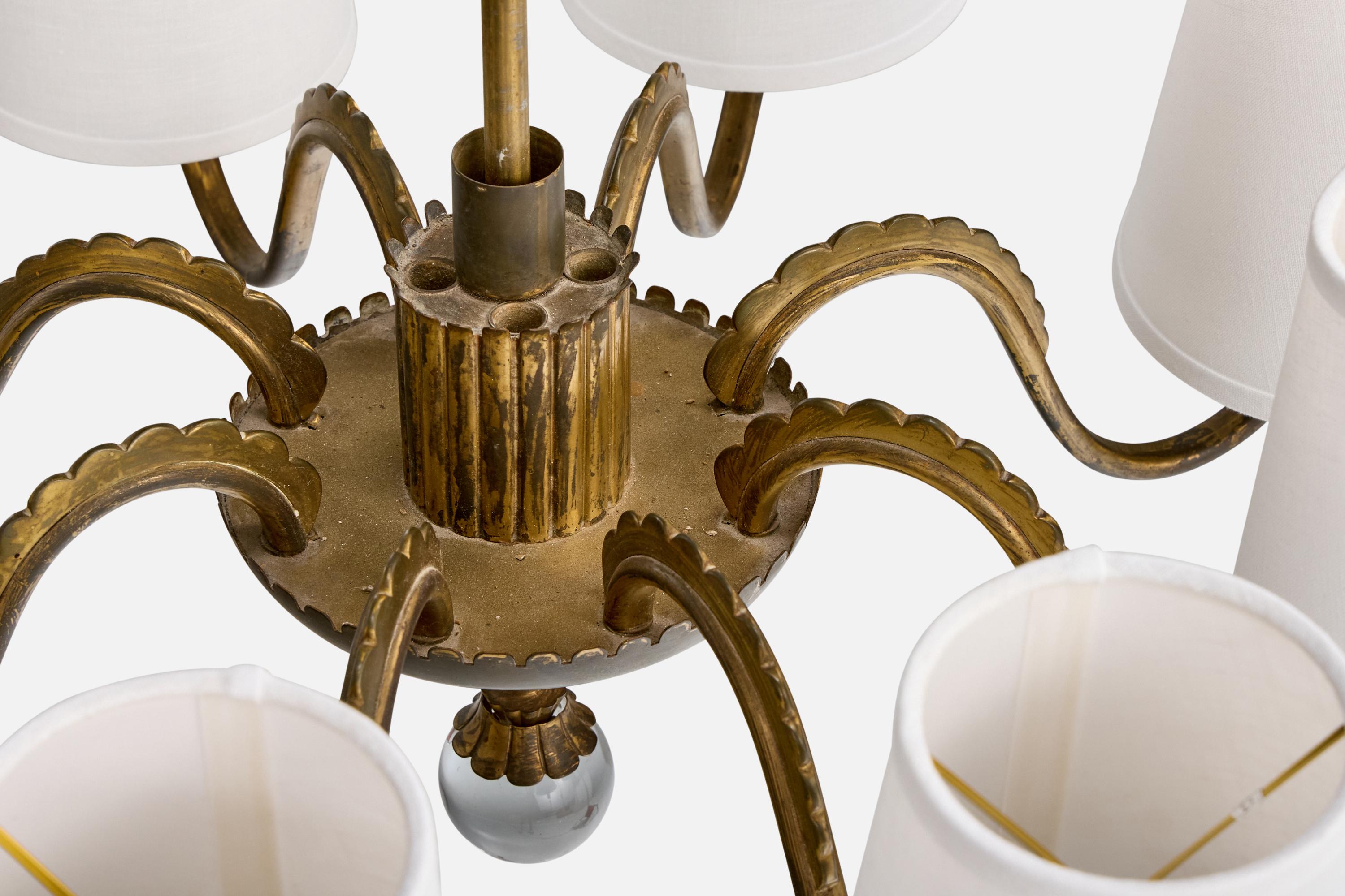 Österreichischer Designer, Kronleuchter, Messing, Glas, Stoff, Österreich, 1920er Jahre im Angebot 5