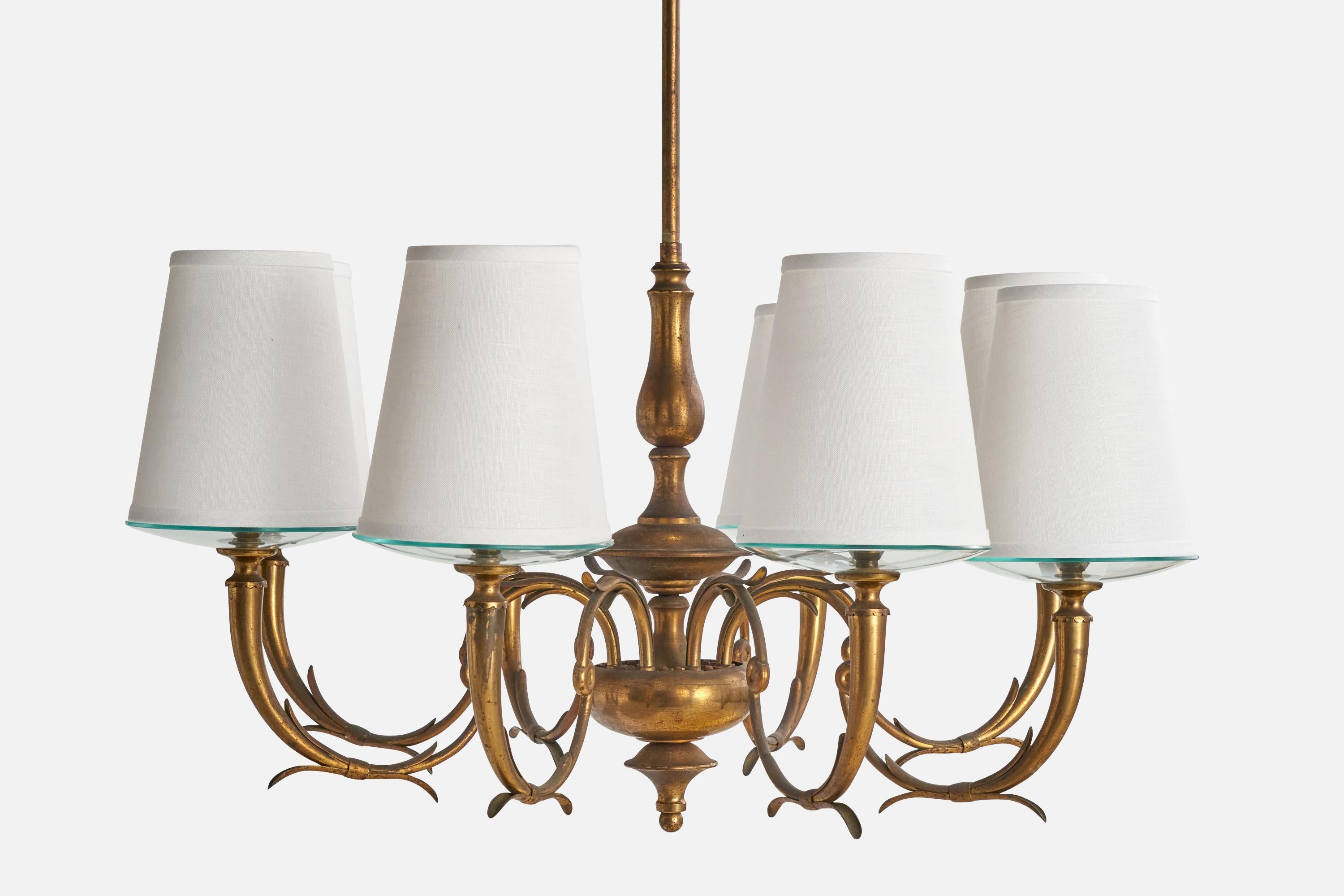 Milieu du XXe siècle Designer autrichien, lustre, laiton, verre, tissu, Autriche, années 1930 en vente
