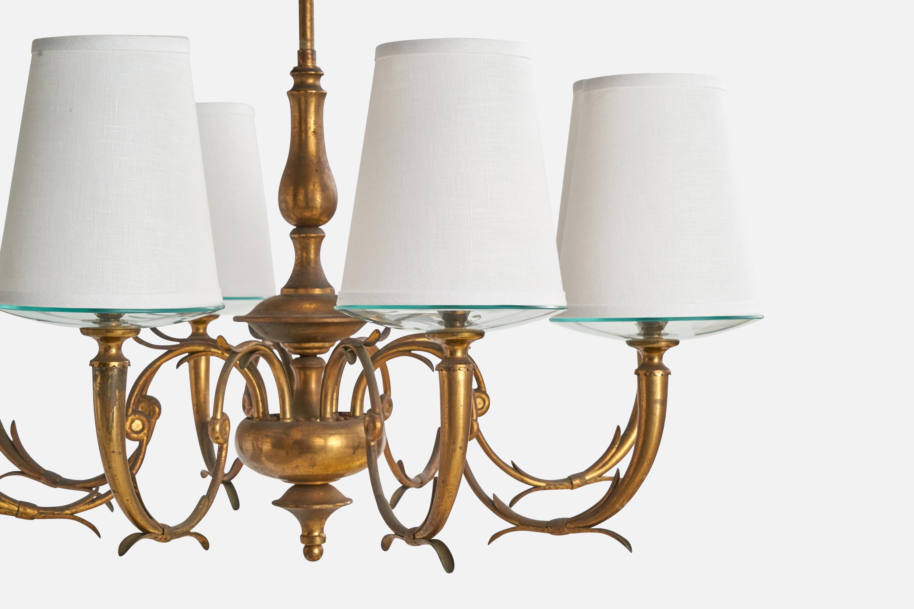 Laiton Designer autrichien, lustre, laiton, verre, tissu, Autriche, années 1930 en vente