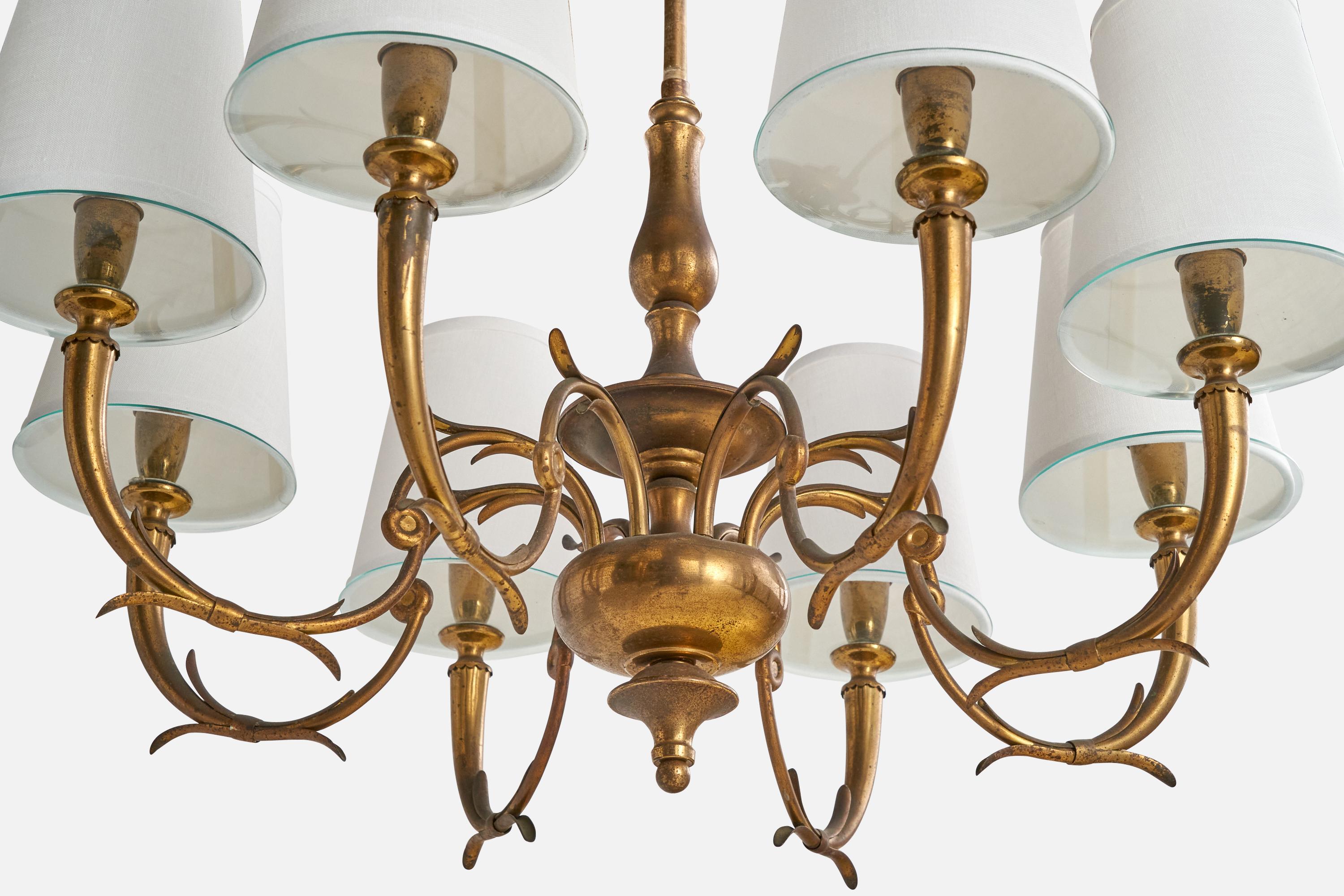 Designer autrichien, lustre, laiton, verre, tissu, Autriche, années 1930 en vente 1