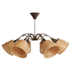 Österreichischer Designer, Kronleuchter, Messing, Rattan, Österreich, 1950er Jahre
