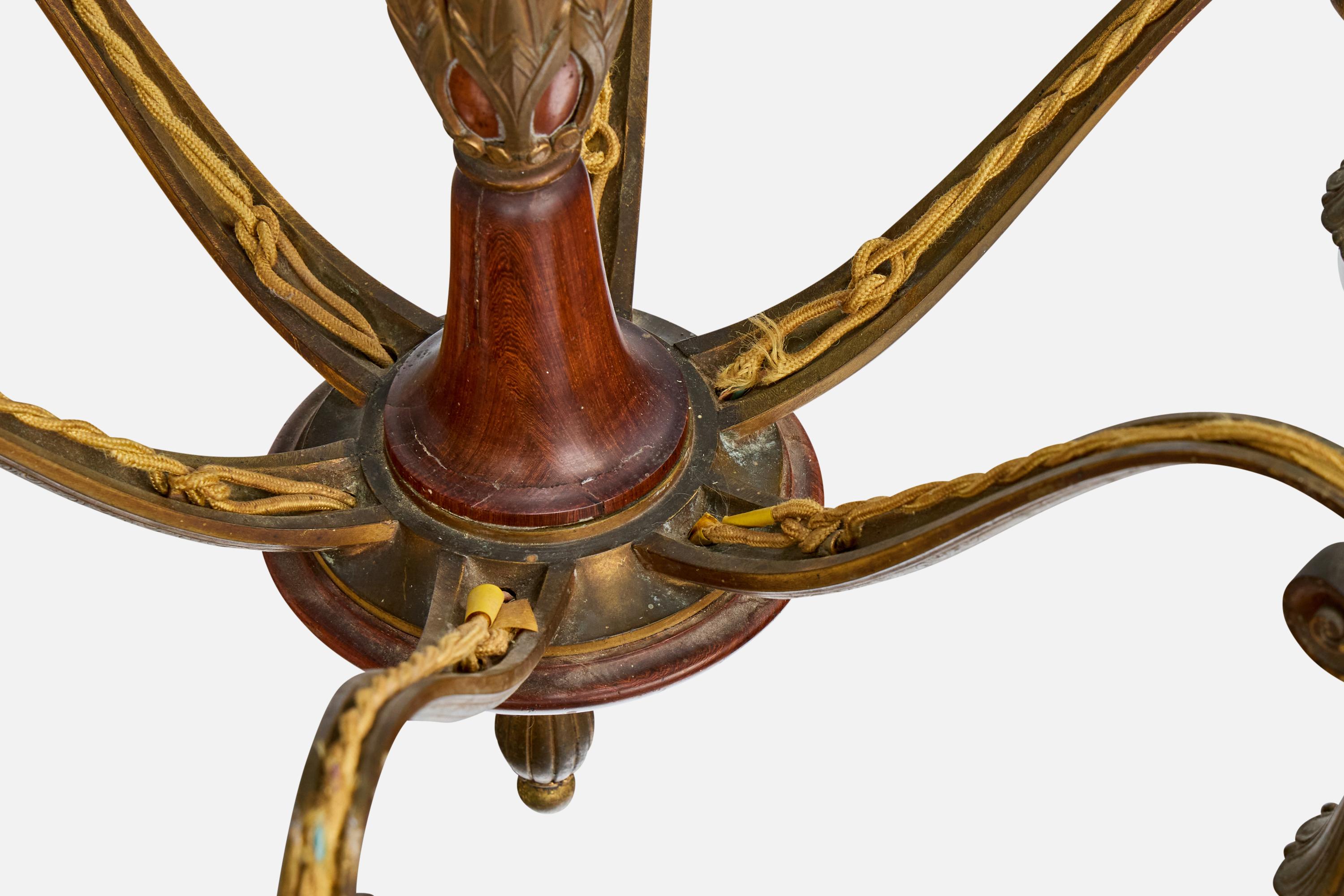 Austrian Designer, Chandelier, Brass, Wood, Austria, 1920s For Sale 5