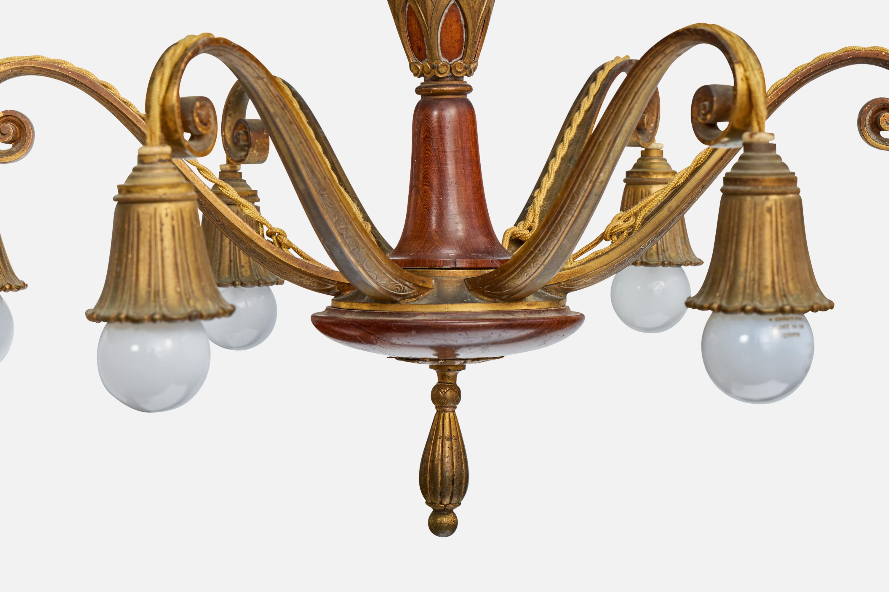 Austrian Designer, Chandelier, Brass, Wood, Austria, 1920s For Sale 6
