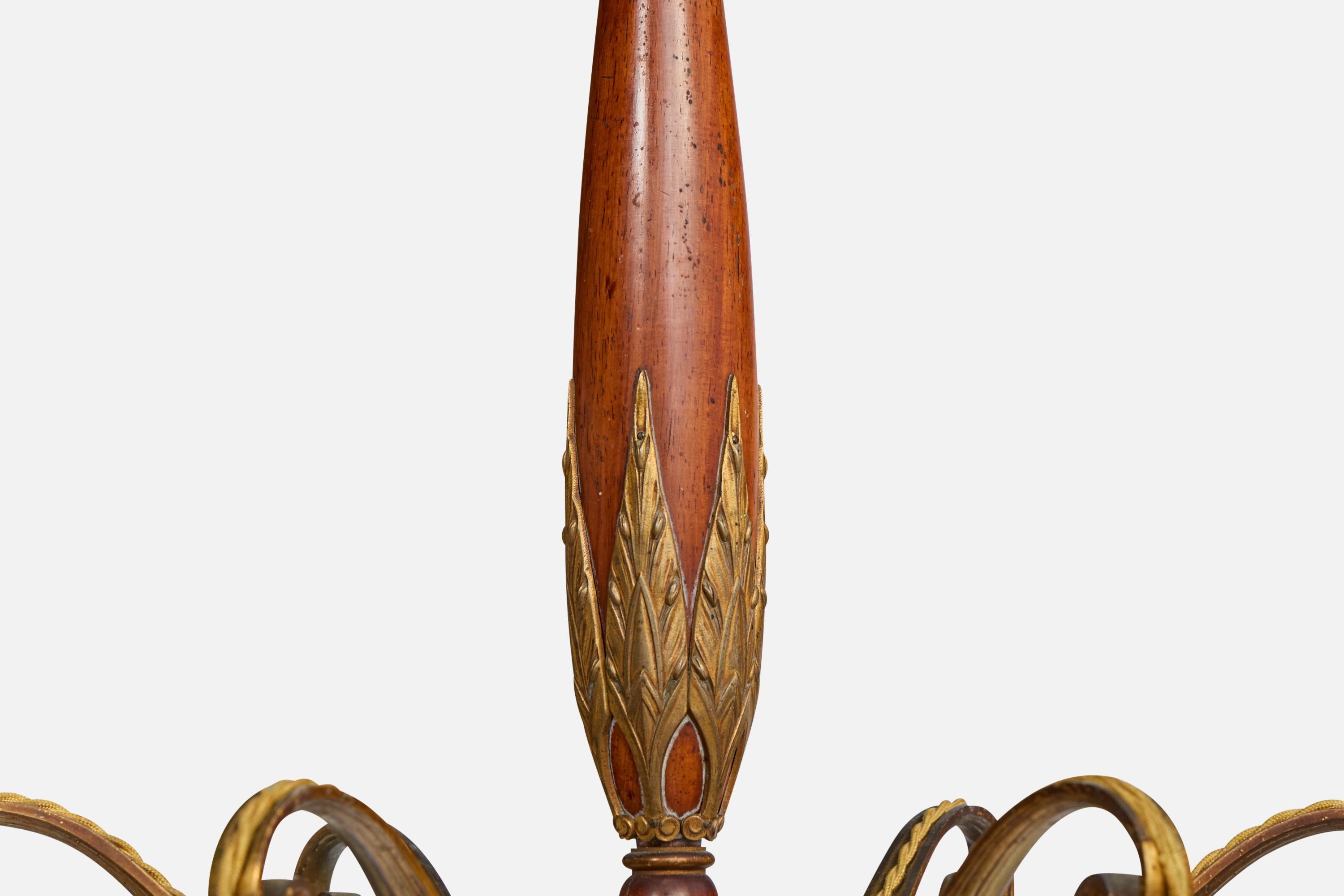 Austrian Designer, Chandelier, Brass, Wood, Austria, 1920s For Sale 7