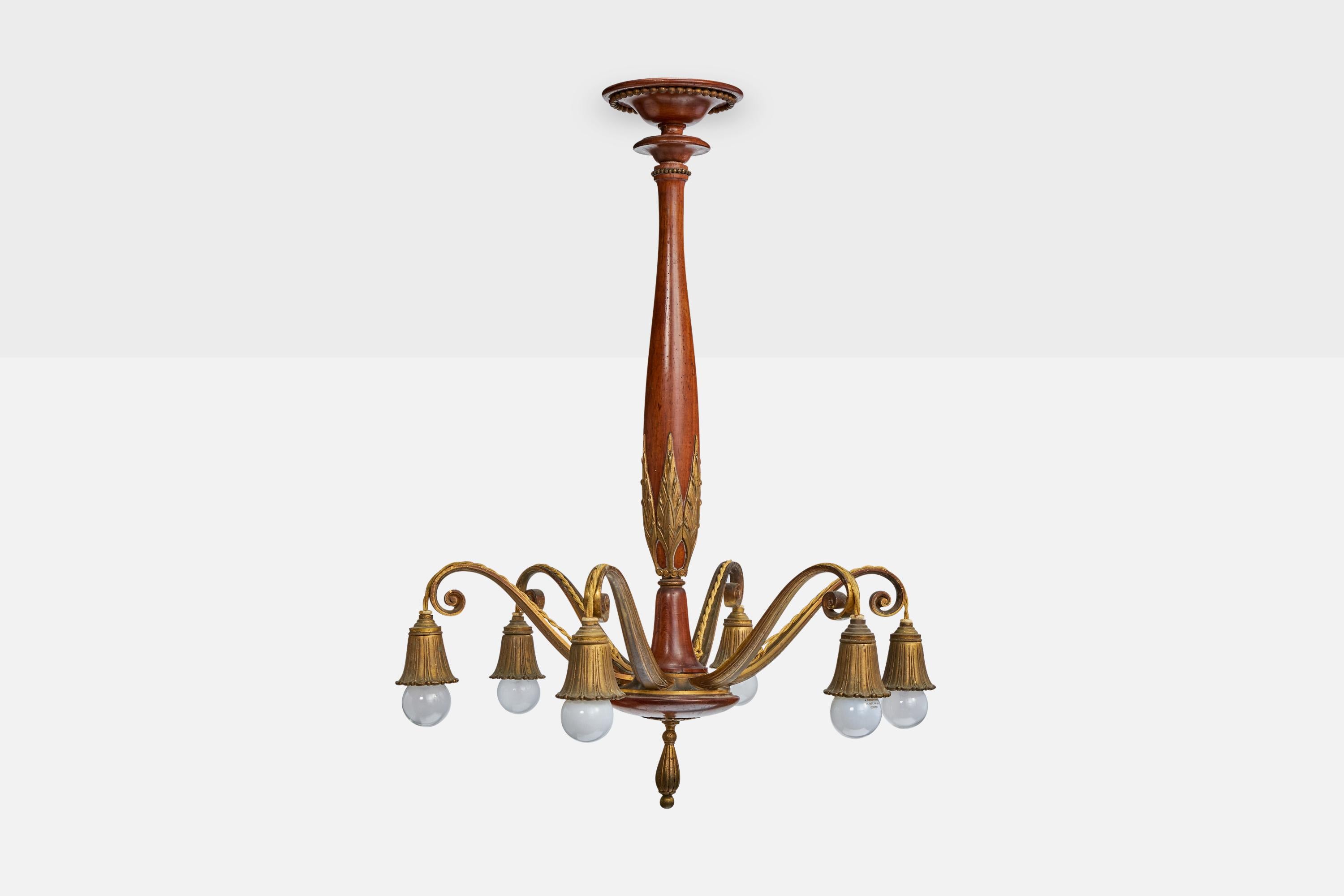Mid-Century Modern Austrian Designer, Chandelier, Brass, Wood, Austria, 1920s For Sale