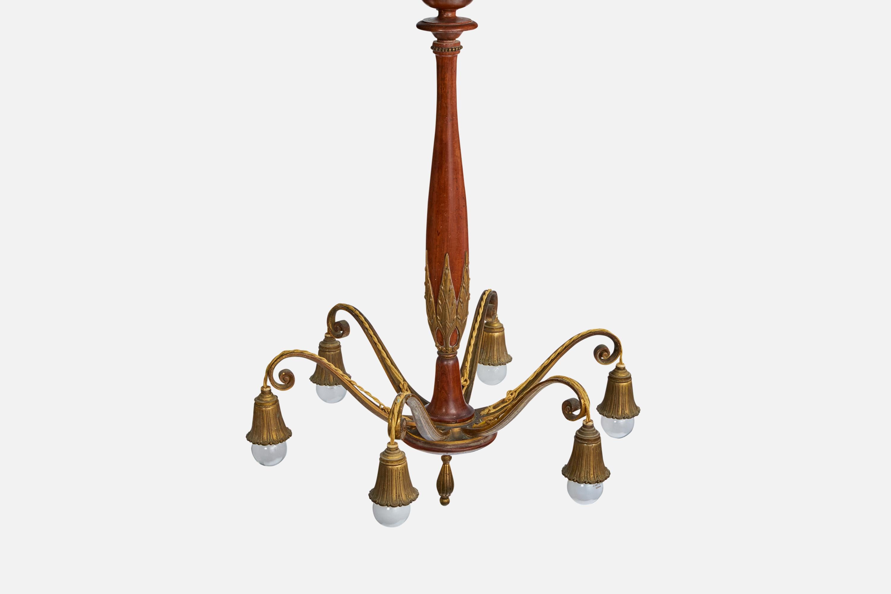 Austrian Designer, Chandelier, Brass, Wood, Austria, 1920s In Good Condition For Sale In High Point, NC