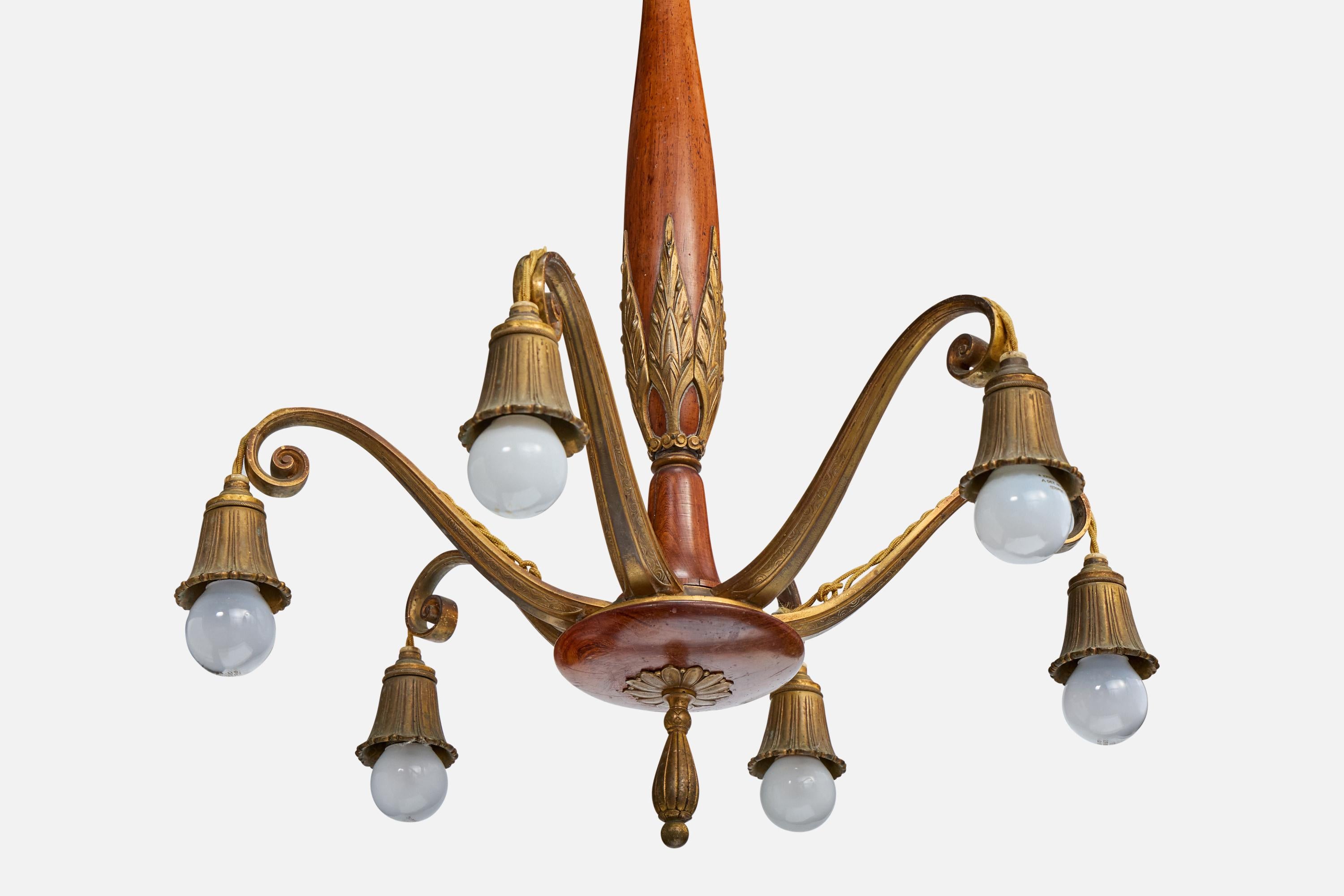 Early 20th Century Austrian Designer, Chandelier, Brass, Wood, Austria, 1920s For Sale
