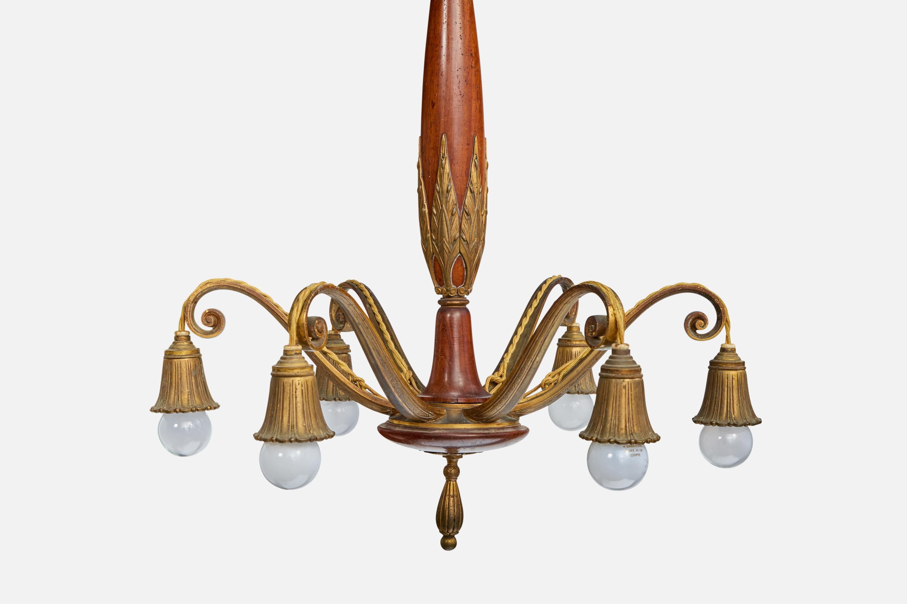 Austrian Designer, Chandelier, Brass, Wood, Austria, 1920s For Sale 1