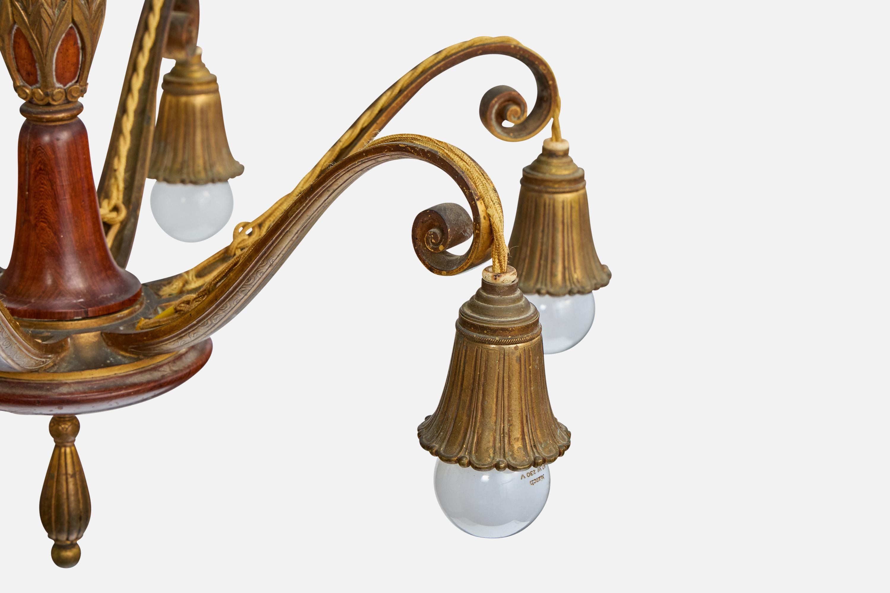 Austrian Designer, Chandelier, Brass, Wood, Austria, 1920s For Sale 2