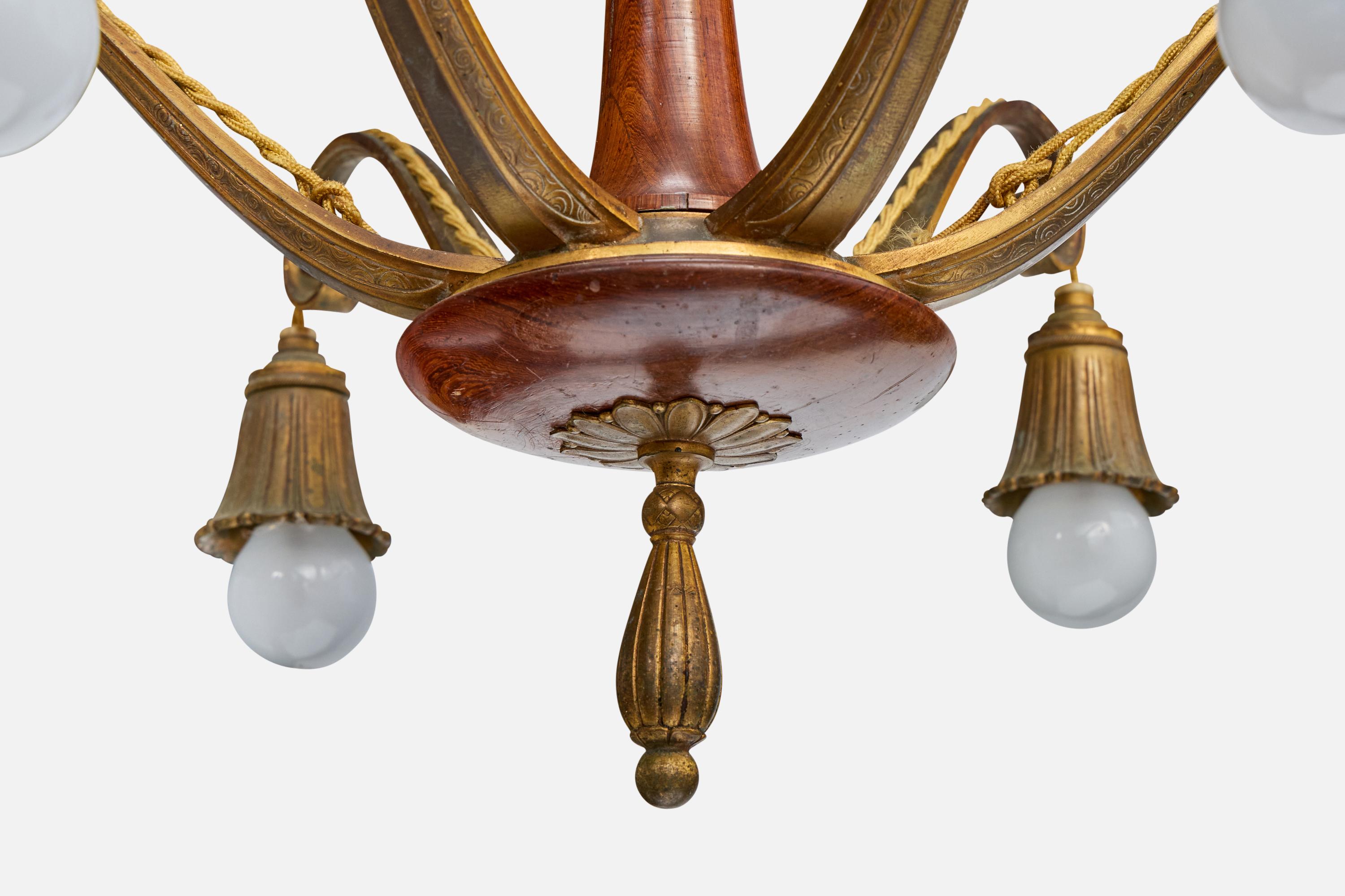 Austrian Designer, Chandelier, Brass, Wood, Austria, 1920s For Sale 3