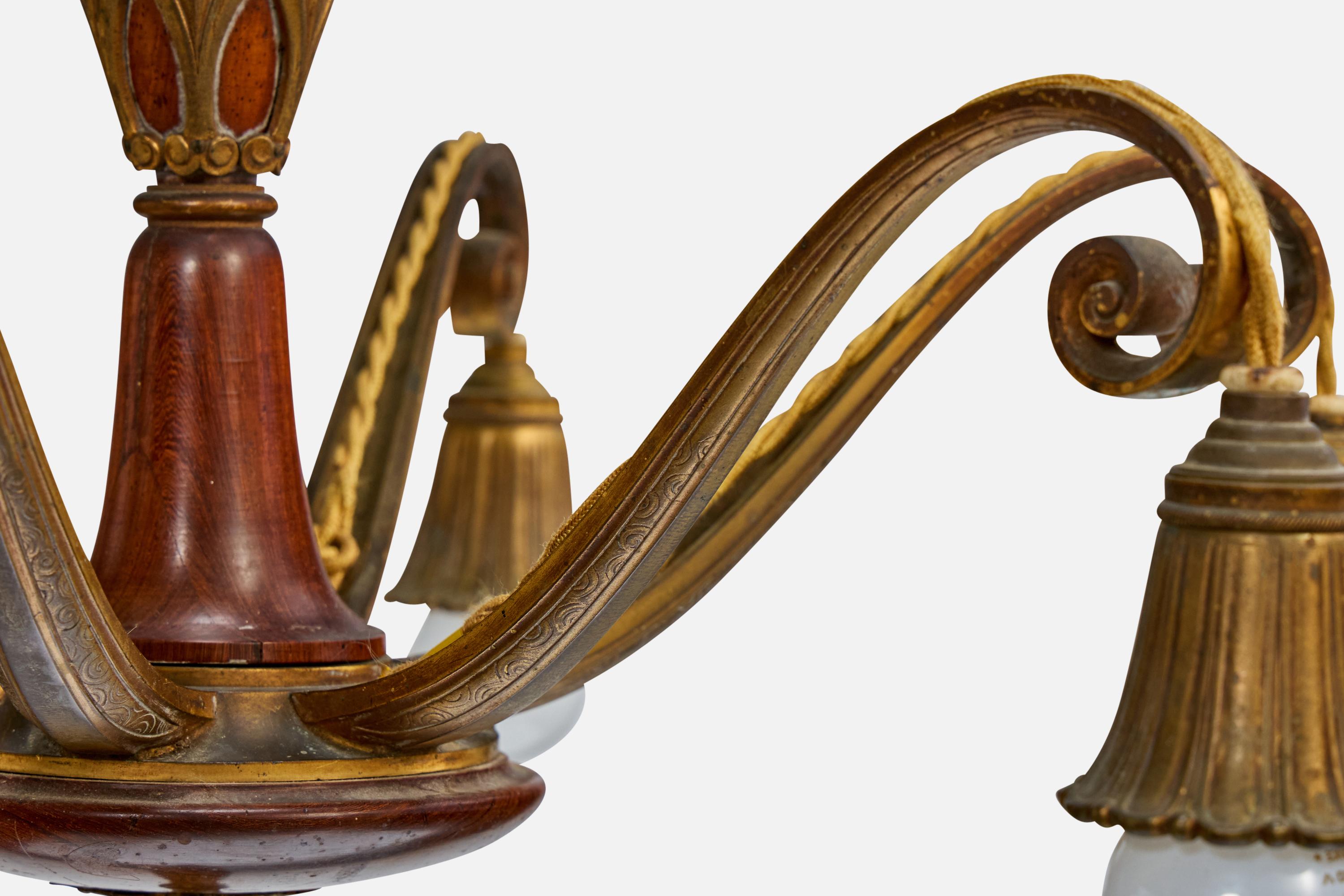 Austrian Designer, Chandelier, Brass, Wood, Austria, 1920s For Sale 4