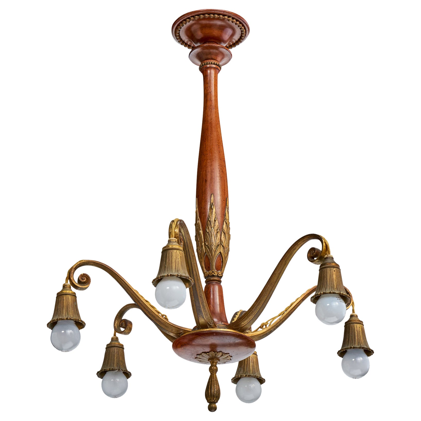 Austrian Designer, Chandelier, Brass, Wood, Austria, 1920s For Sale