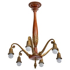 Antique Austrian Designer, Chandelier, Brass, Wood, Austria, 1920s