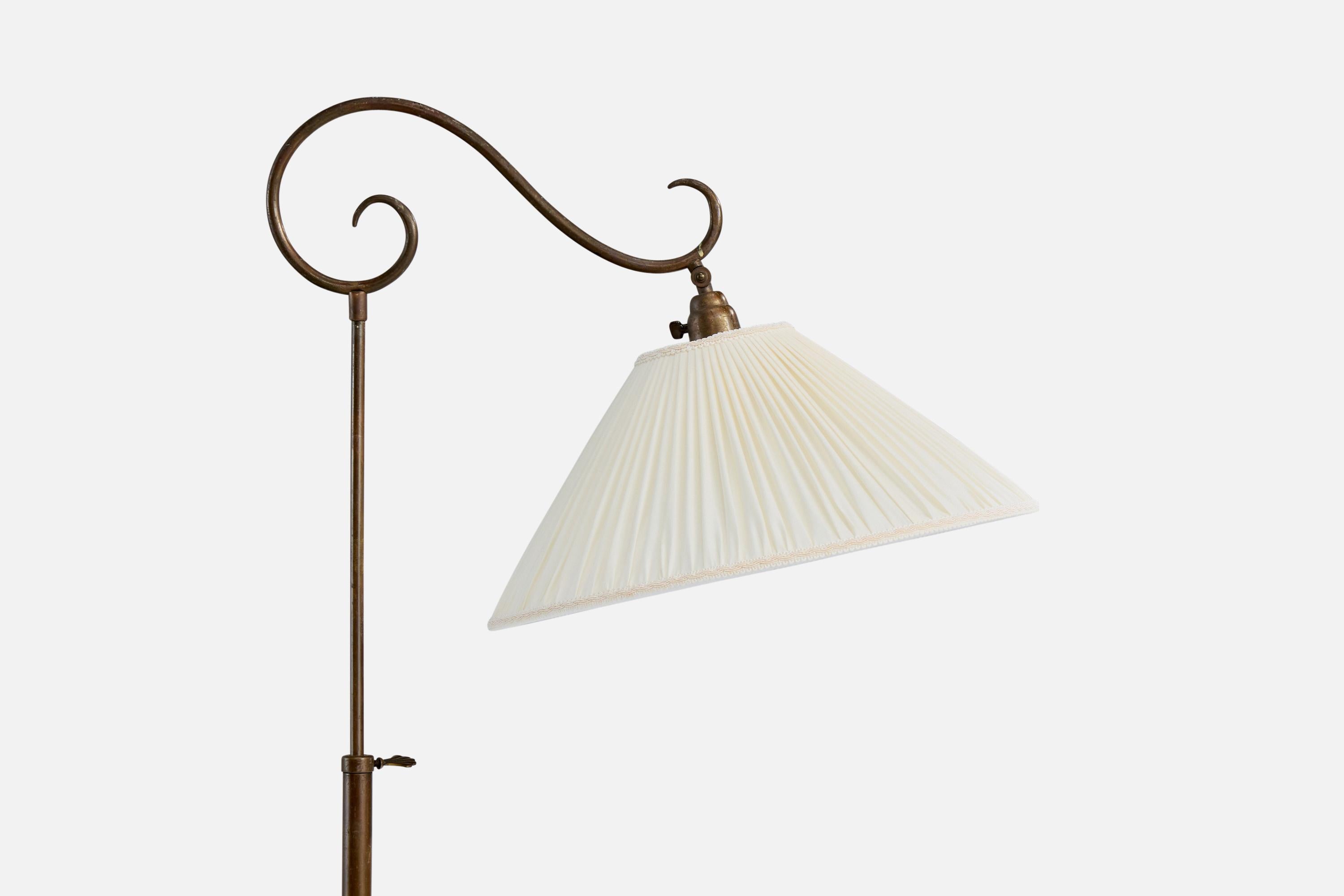 Mid-Century Modern Austrian Designer, Floor Lamp, Brass, Fabric, Austria, 1930s For Sale