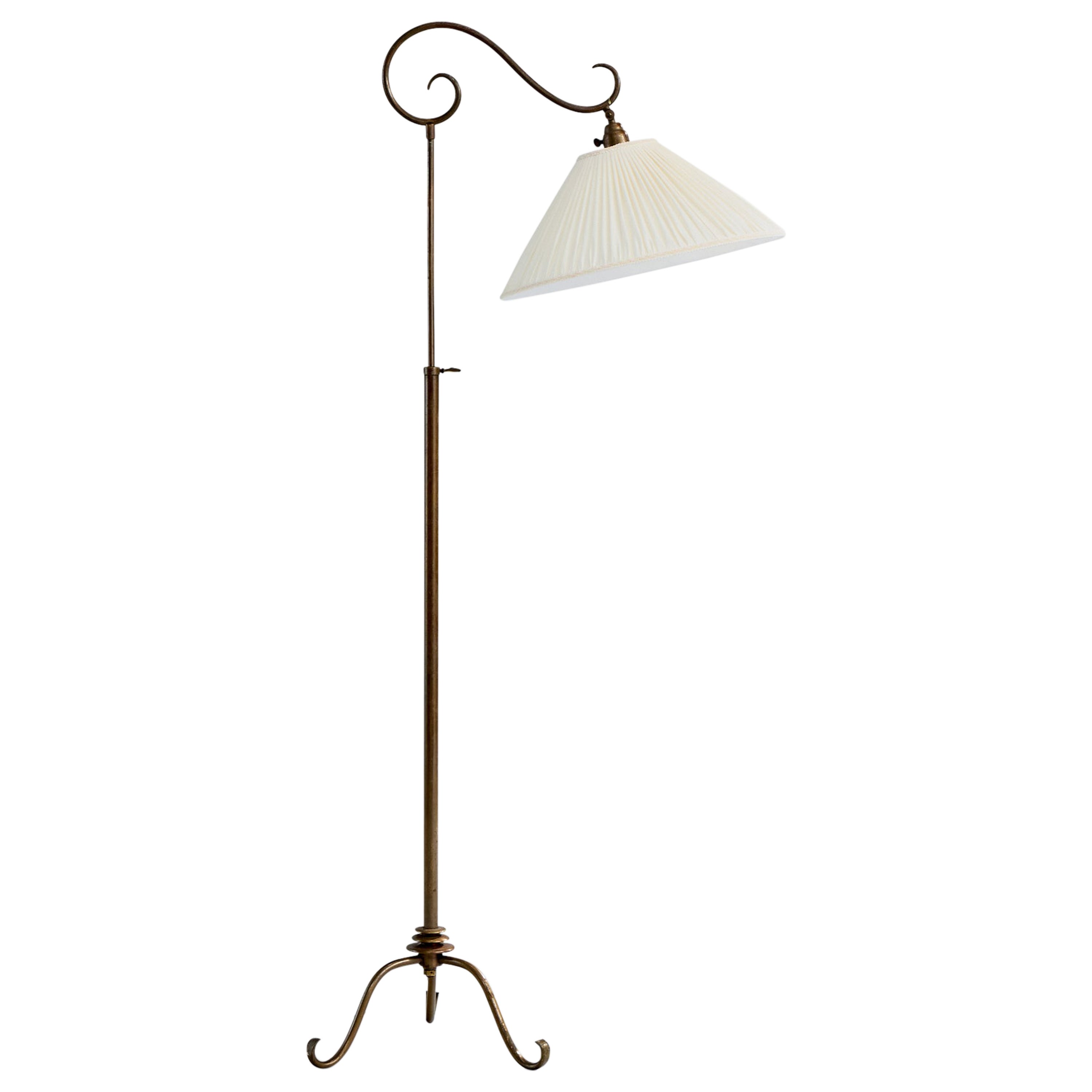 Austrian Designer, Floor Lamp, Brass, Fabric, Austria, 1930s For Sale