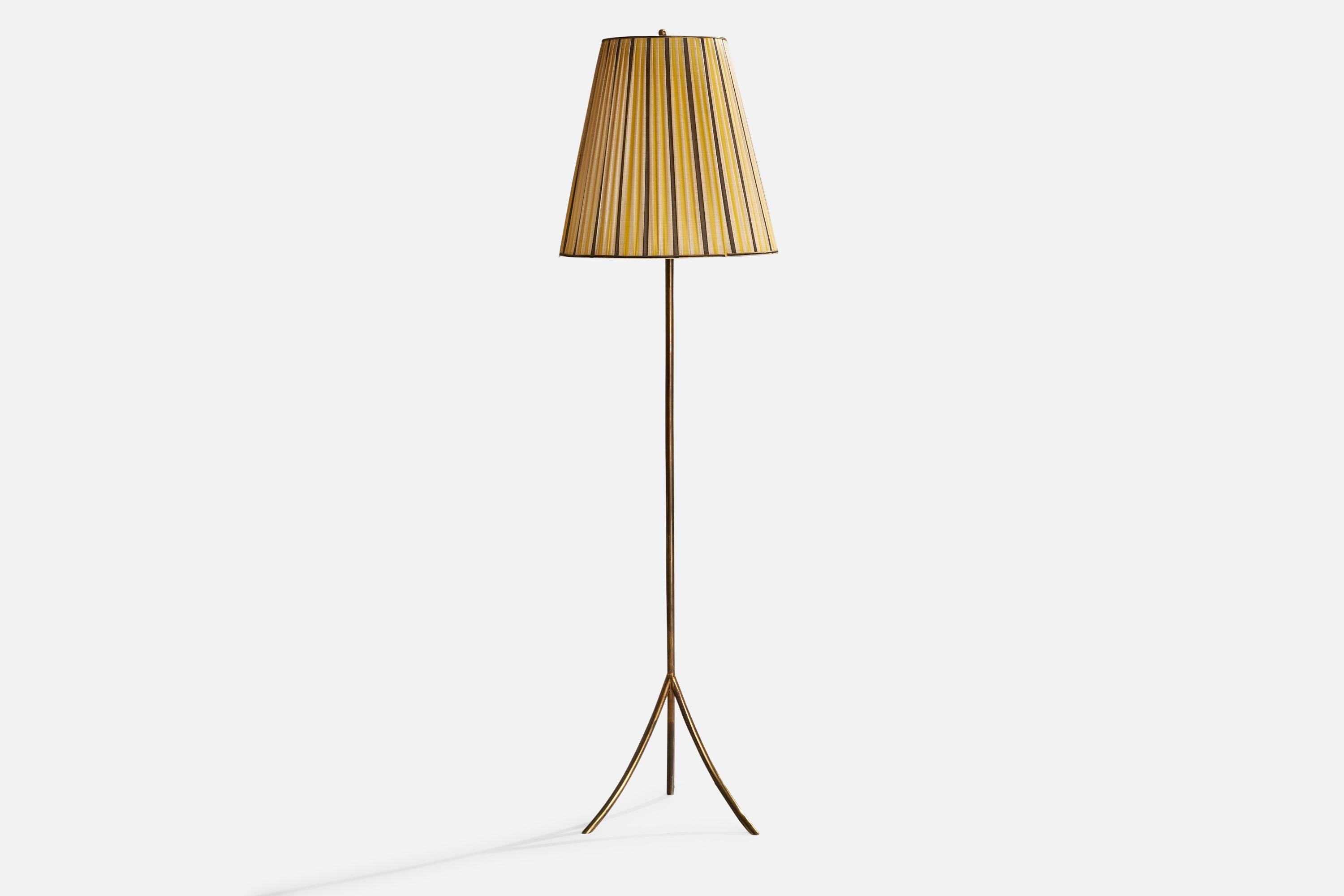 Mid-Century Modern Austrian Designer, Floor Lamp, Brass, Fabric, Austria, 1950s For Sale
