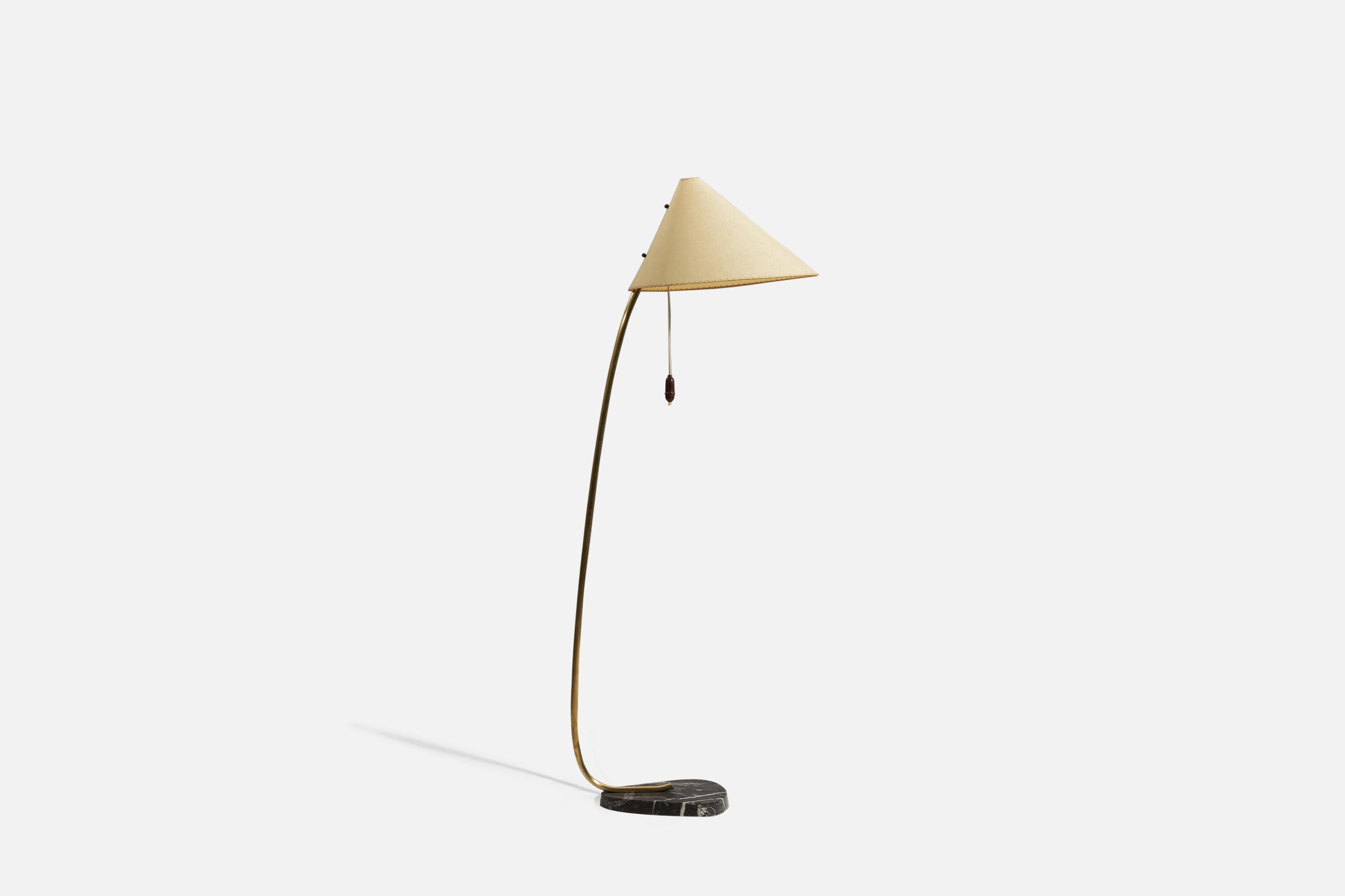 A floor lamp designed and produced in Austria, c. 1950s. The lamp features a marble base, brass stem, and paper shade. Lampshade recently recovered.
