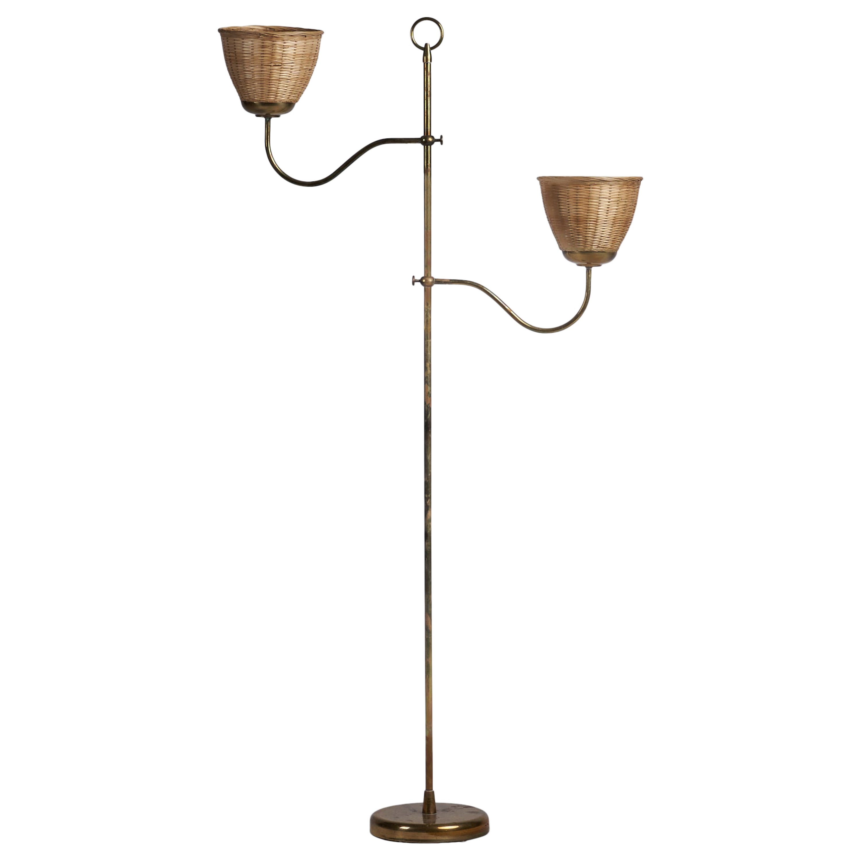 Österreichische Designerin, Stehlampe, Messing, Rattan, Österreich, 1940er Jahre