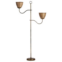 Austrian Designer, Floor Lamp, Brass, Rattan, Austria, 1940s