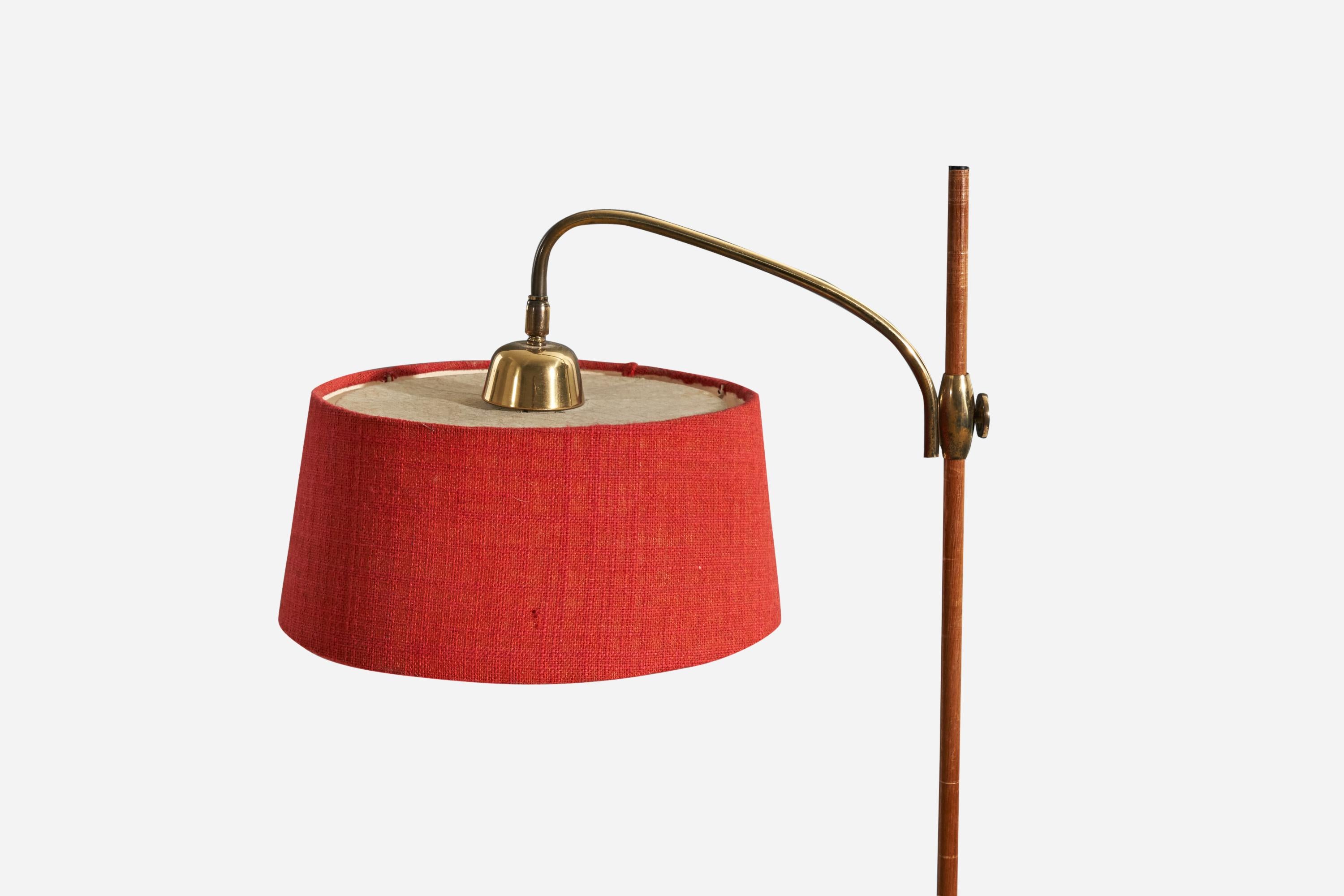 Mid-Century Modern Austrian Designer, Floor Lamp, Teak, Brass, Fabric, Austria, 1950s For Sale