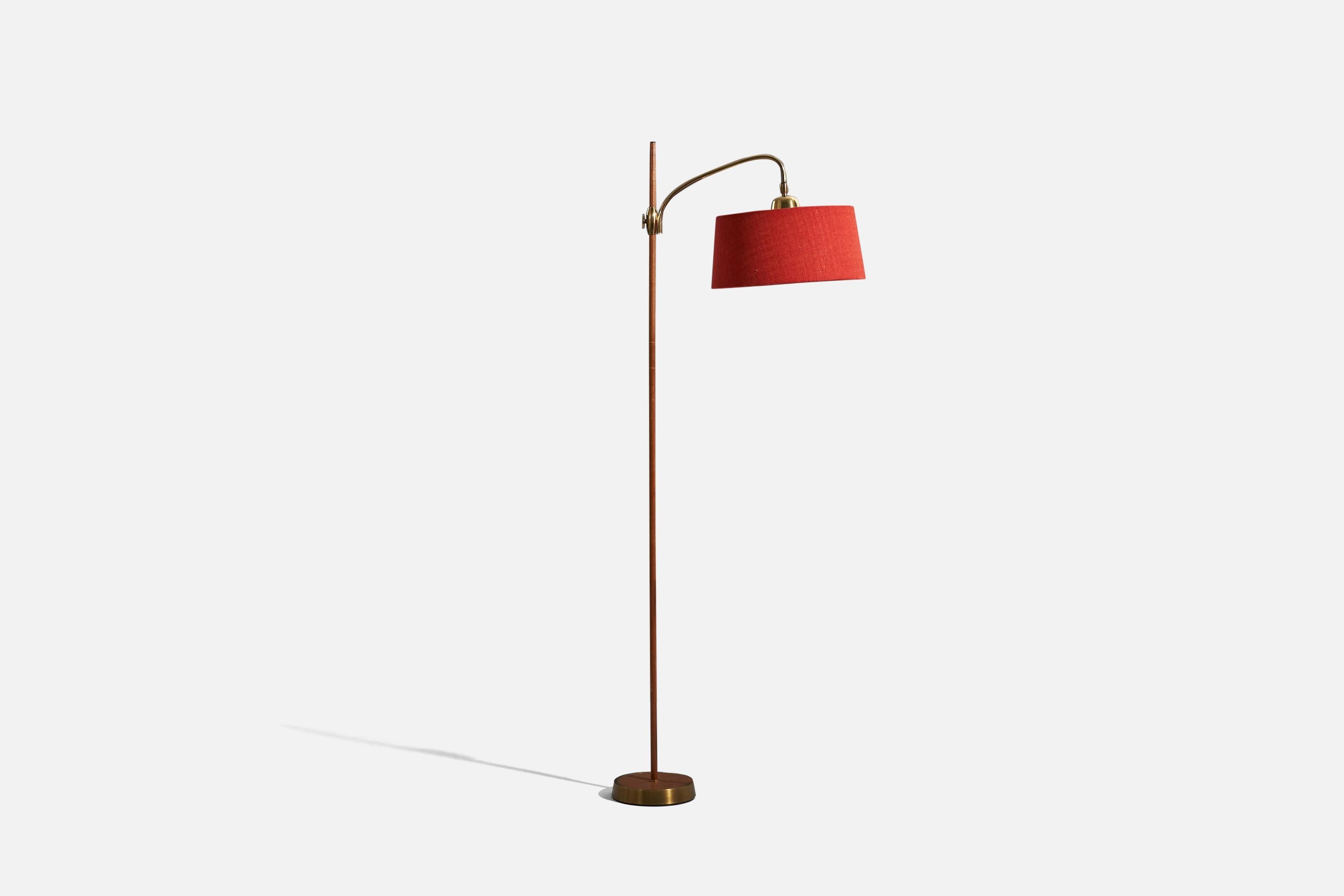 Austrian Designer, Floor Lamp, Teak, Brass, Fabric, Austria, 1950s For Sale  at 1stDibs