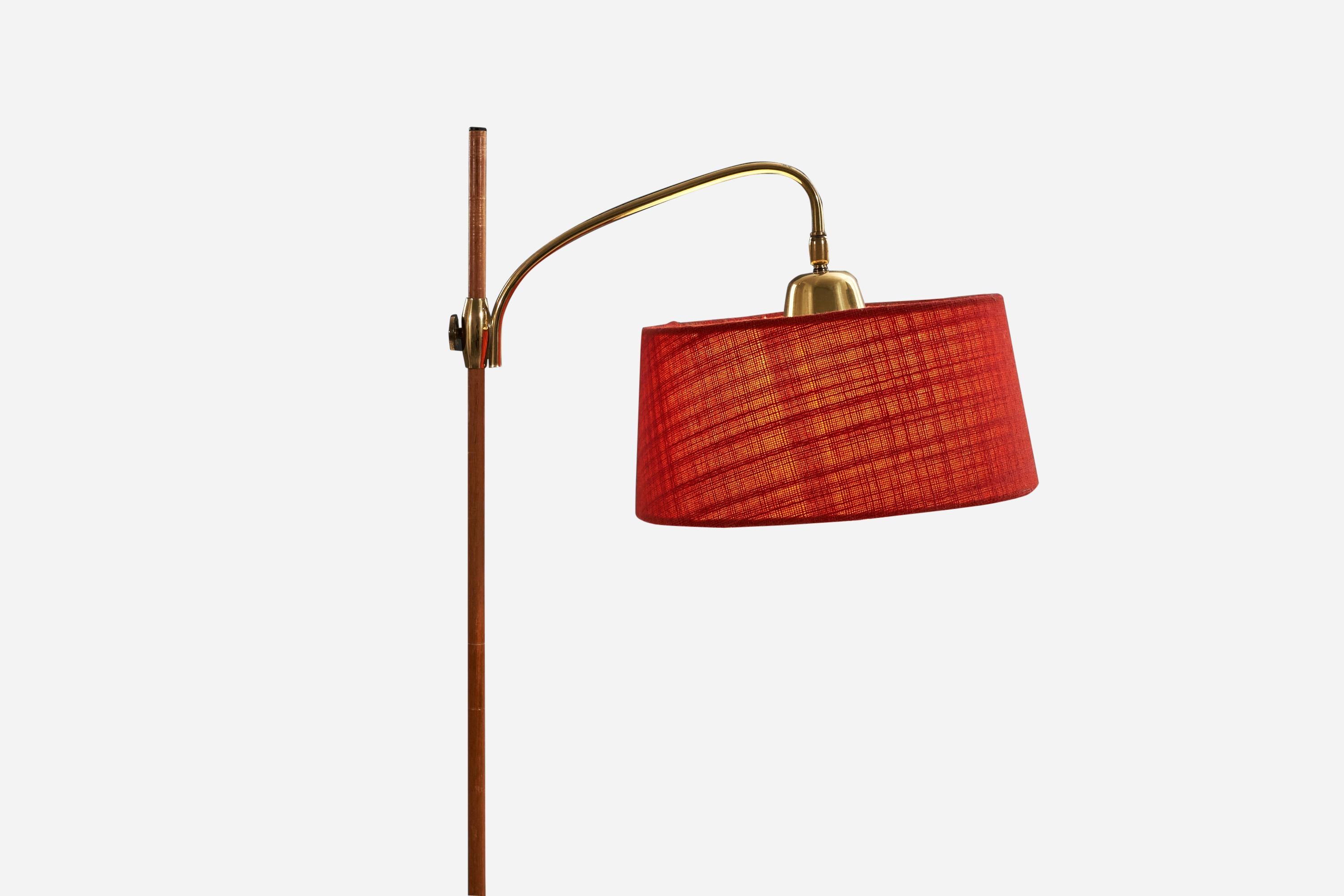 Mid-20th Century Austrian Designer, Floor Lamp, Teak, Brass, Fabric, Austria, 1950s For Sale