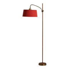 Designer autrichien, lampadaire, teck, laiton, tissu, Autriche, années 1950