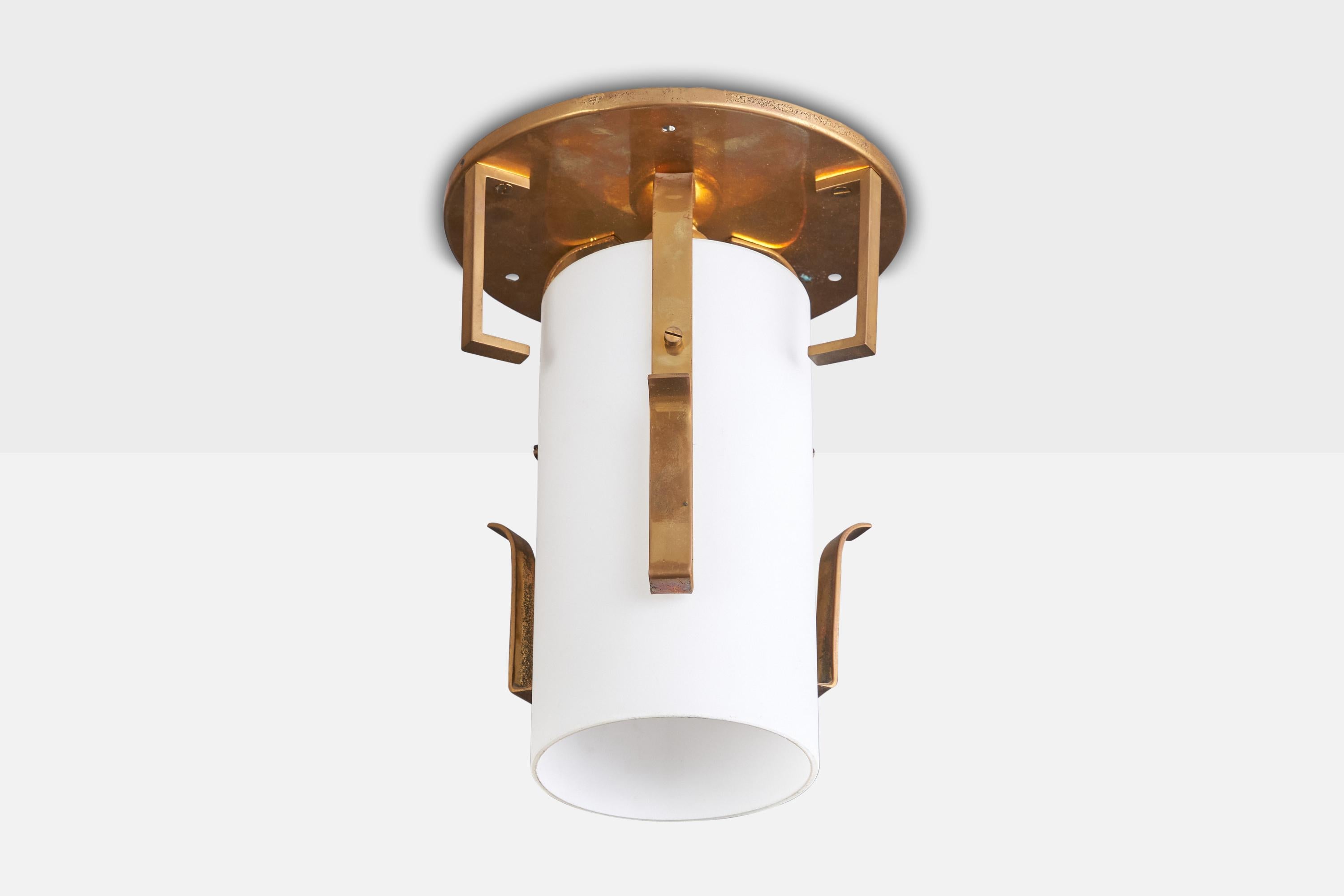 A brass and white opaline flush mount designed and produced in Austria, c. 1950s.

Overall Dimensions (inches): 9.5” H x 7.5” Diameter

Dimensions of Canopy: .25” H x 7.5” W x 7.5” D

Bulb Specifications: E-26  

Number of Sockets: 1

All lighting