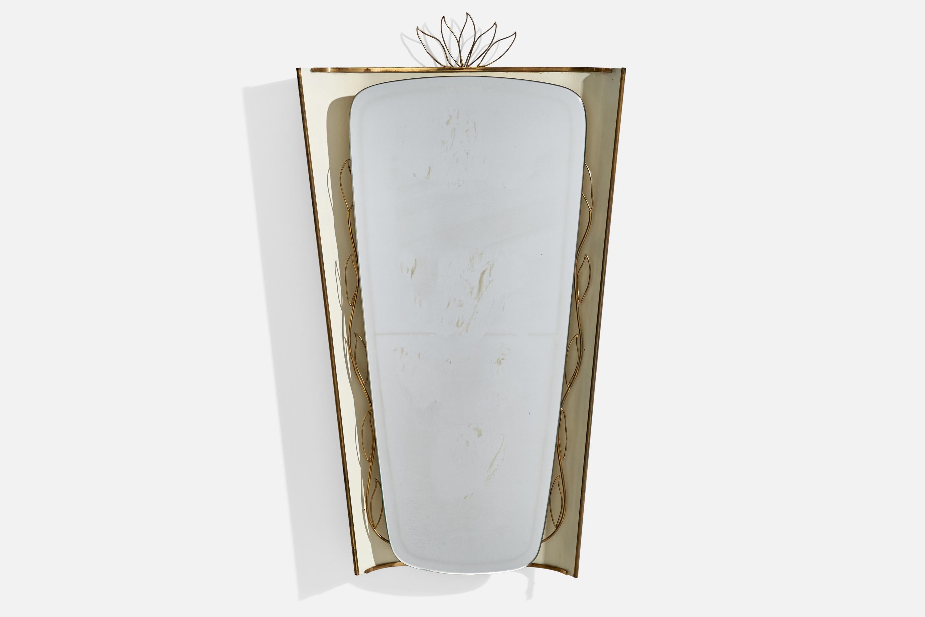 A brass and white-lacquered metal wall mirror designed and produced in Austria, c. 1940s.

Overall Dimensions (inches): 34.125