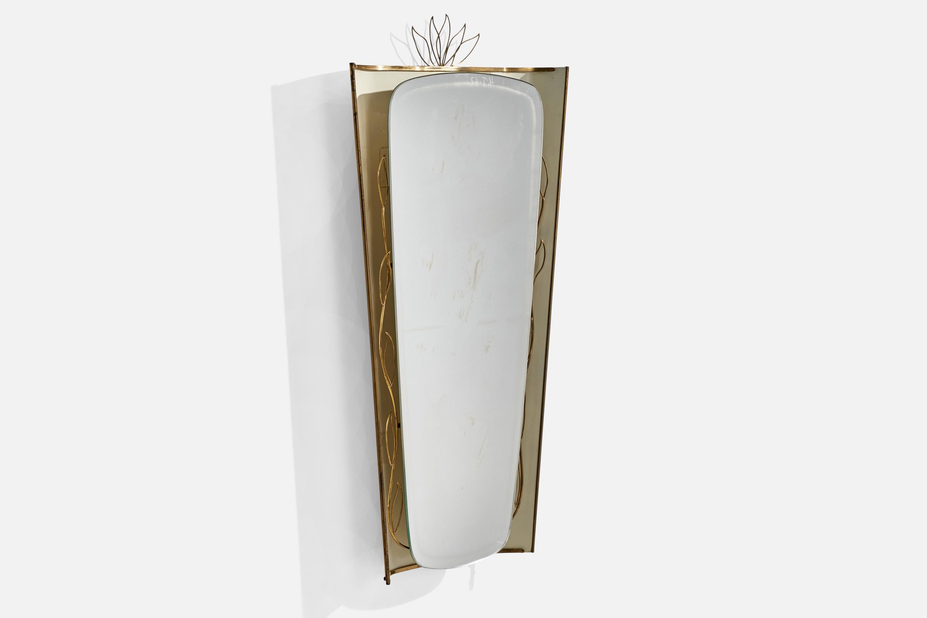 Austrian Designer, Illuminated Wall Mirror, Brass, Metal, Austria, 1940s For Sale 1