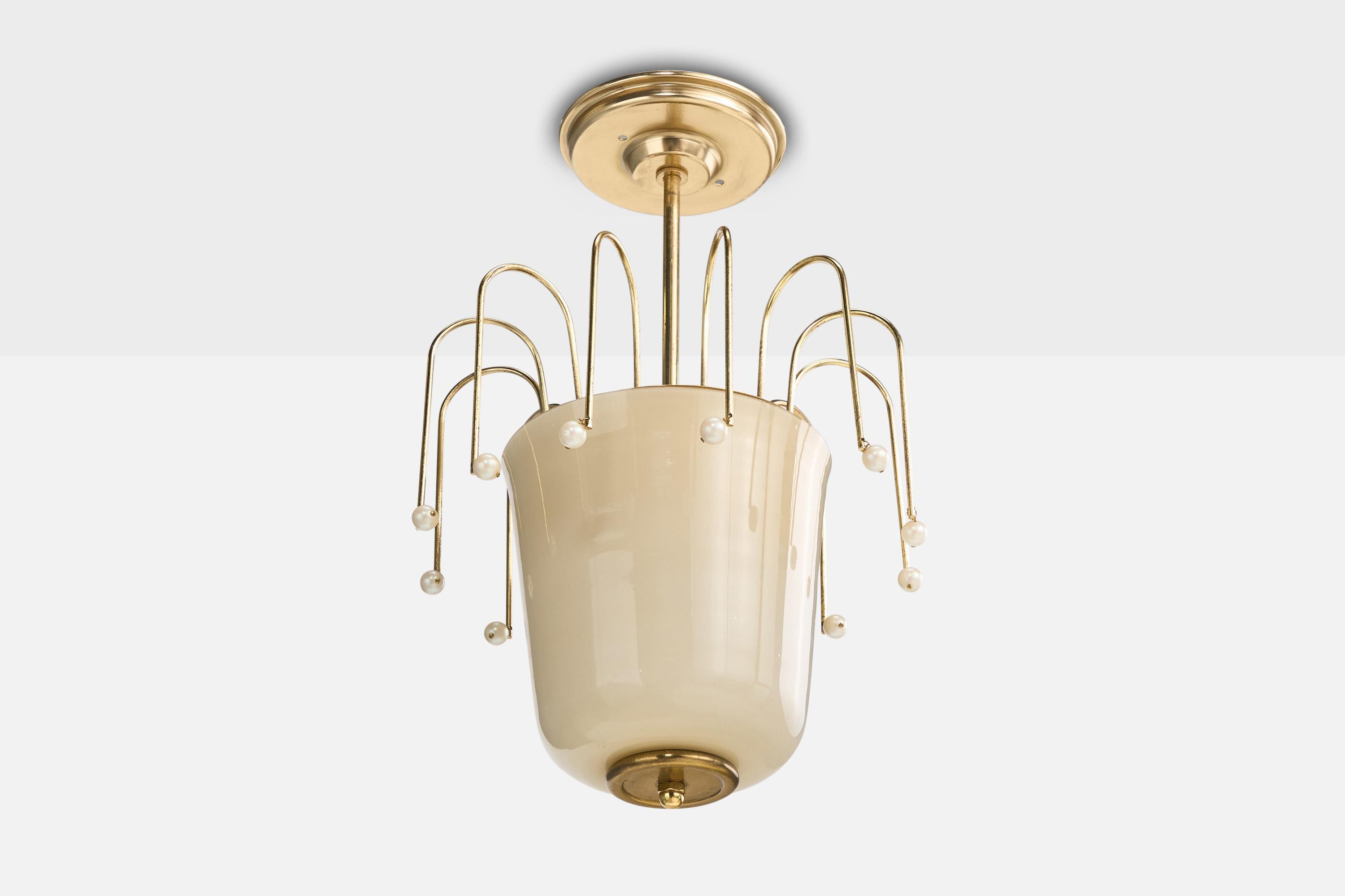 A brass, cream-white opaline glass and pearl or imitation pearl decor designed and produced in Austria, c. 1950s.

Overall Dimensions (inches): 16” H x 10.75” Diameter

Dimensions of Canopy: 1” H x 5.25” Diameter 

Stem length: 7” H

Bulb