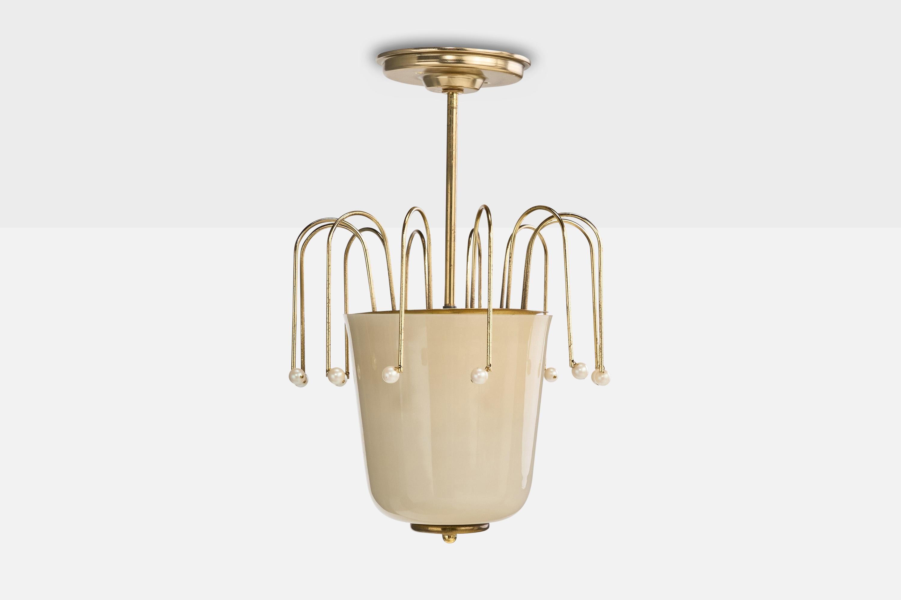 Austrian Designer, Pendant Light, Brass, Glass, Pearl, Austria, 1950s In Good Condition For Sale In High Point, NC