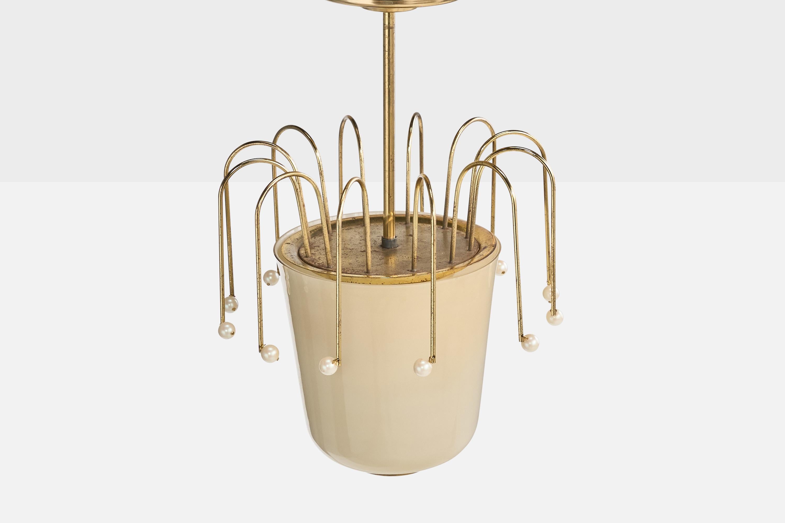 Mid-20th Century Austrian Designer, Pendant Light, Brass, Glass, Pearl, Austria, 1950s For Sale