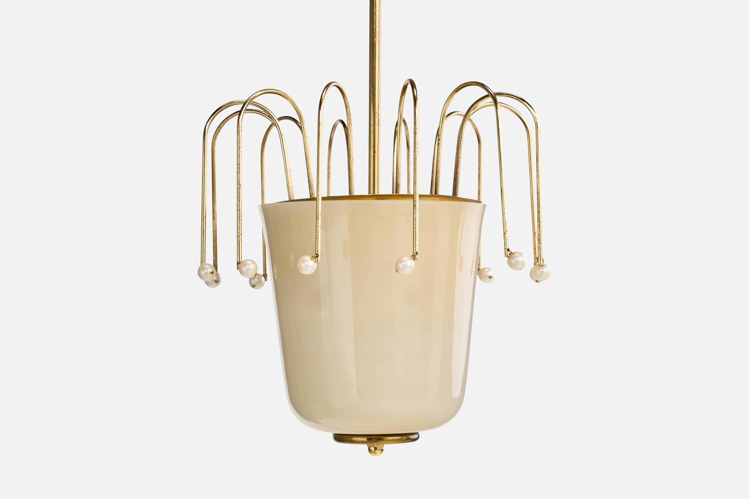 Austrian Designer, Pendant Light, Brass, Glass, Pearl, Austria, 1950s For Sale 1