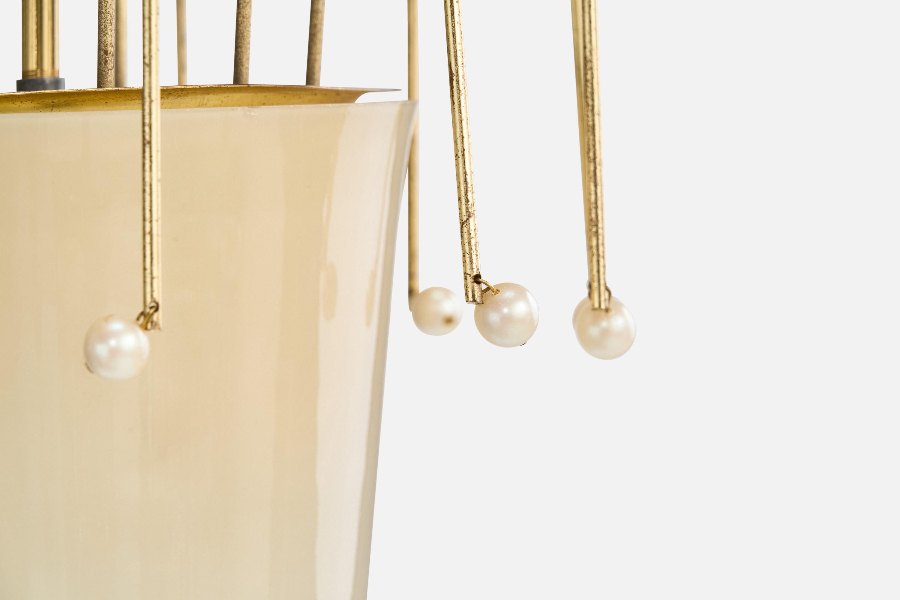 Austrian Designer, Pendant Light, Brass, Glass, Pearl, Austria, 1950s For Sale 3
