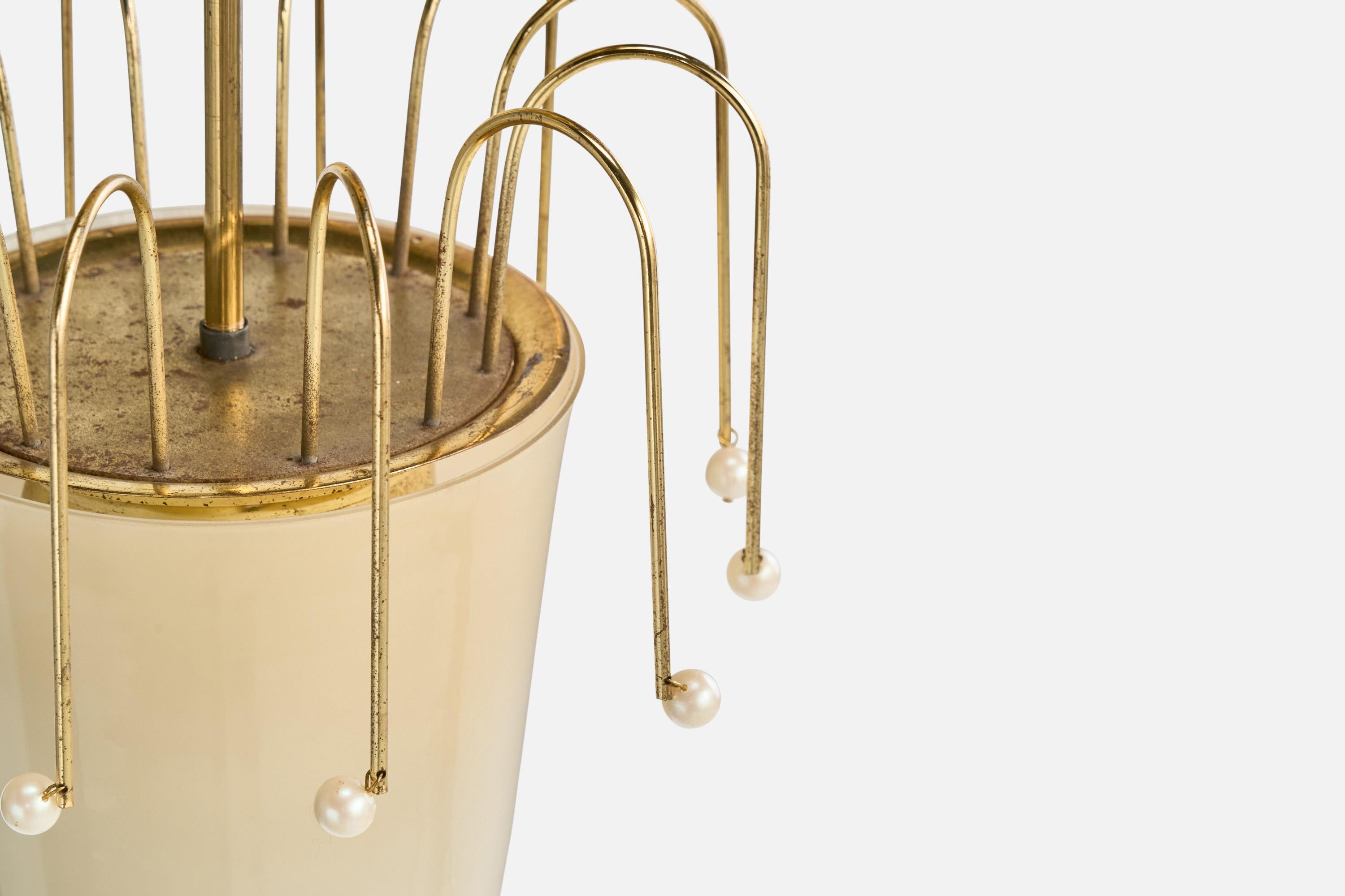 Austrian Designer, Pendant Light, Brass, Glass, Pearl, Austria, 1950s For Sale 4