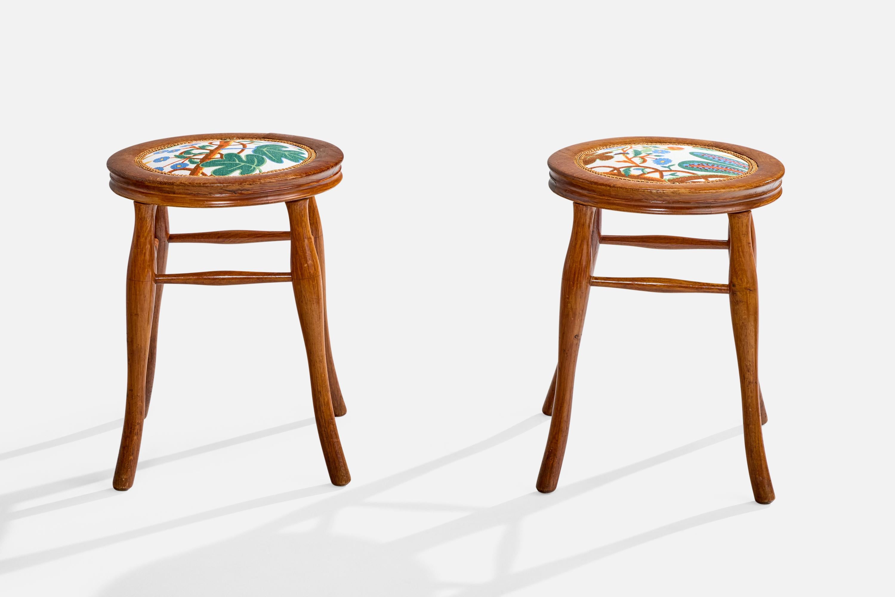 Austrian Designer, Stools, Oak, Fabric, Austria, 1900s In Good Condition For Sale In High Point, NC